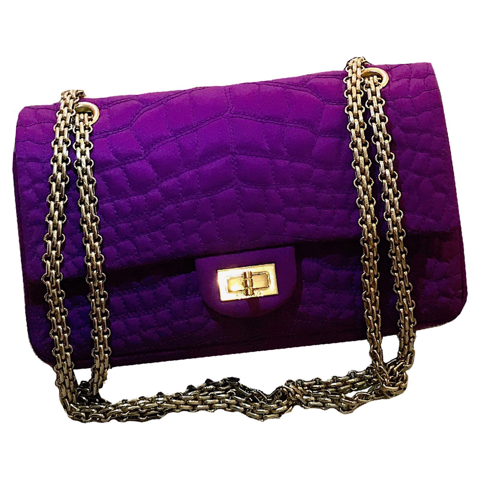 CHANEL Medium size 2-55 Double flap bag in purple silk satin overstitched  with crocodile pattern ref.56889 - Joli Closet