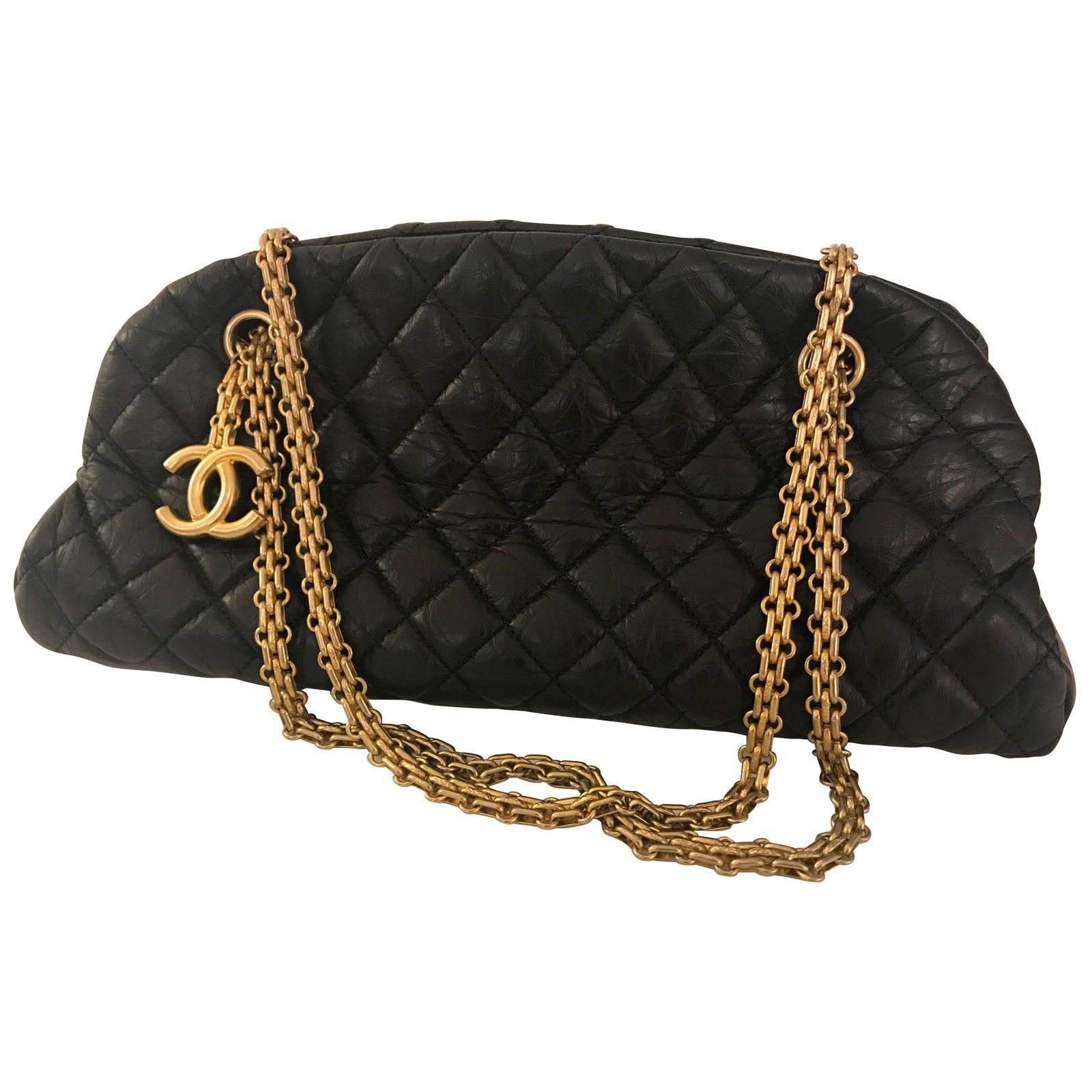 Chanel Just Mademoiselle Quilted Calfskin Black leather bowling shoulder  bag med