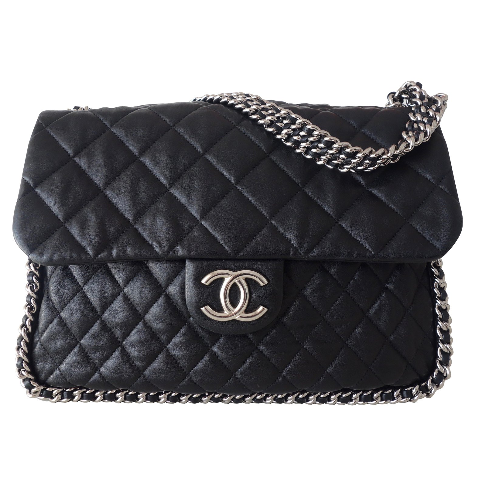 Chanel Classic Chain Me Around Single Flap Jumbo Maxi Cc Logo Ghw Black  Calfskin Shoulder Bag