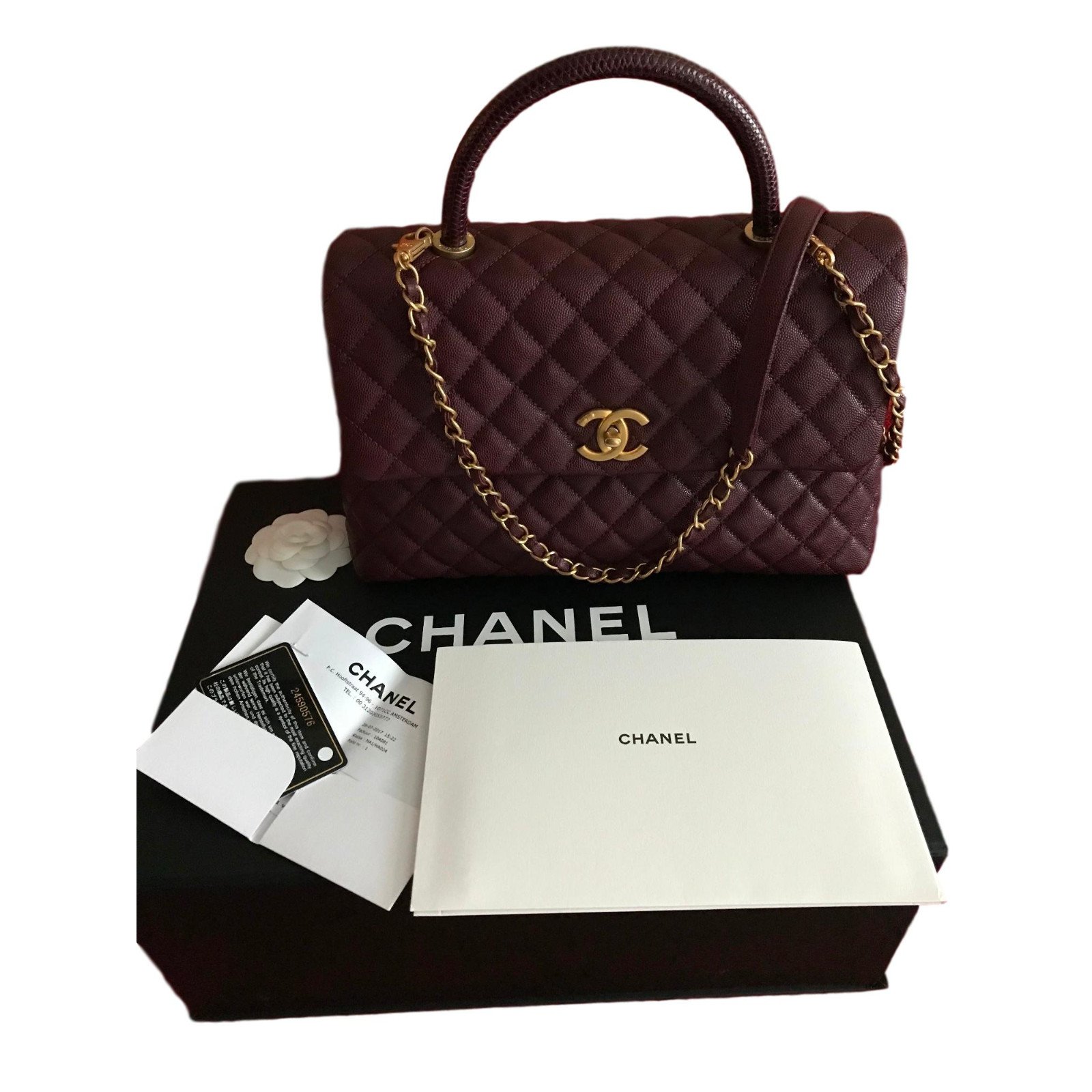 CHANEL Coco Handle Medium Bag Burgundy Caviar / Lizard / GOLD - New Dark  red Exotic leather ref.58069 - Joli Closet
