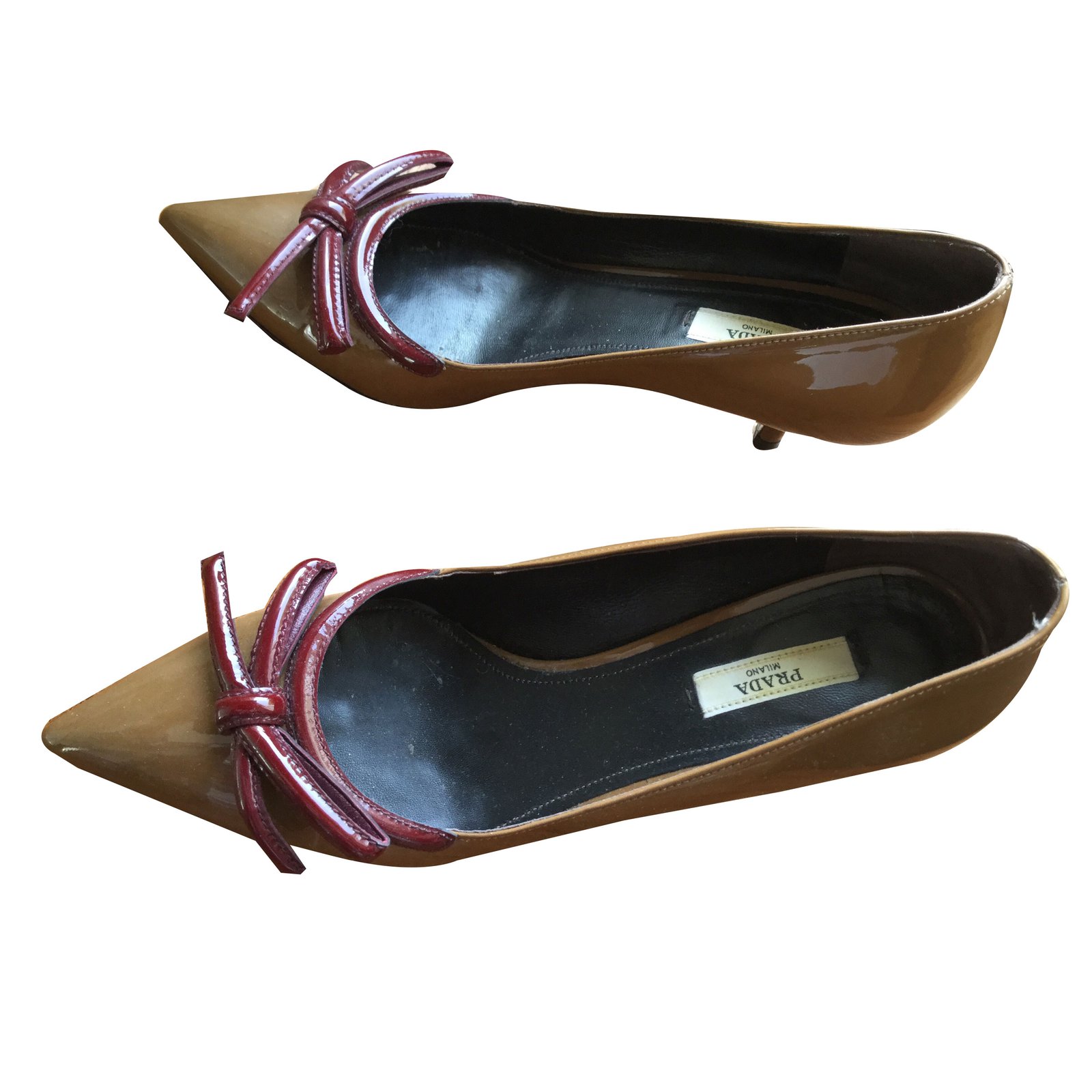 PRADA Burgundy Red Patent Leather Black Bow Pointed Toe Kitten