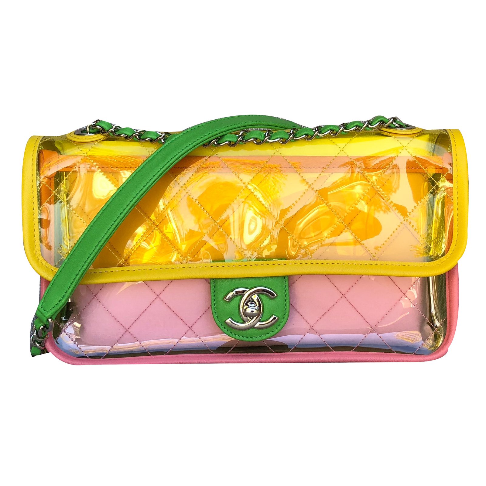 Runway Quilted Single Flap Shiny Silver Chain Green/Yellow/Pink  Pvc/Lambskin Bag