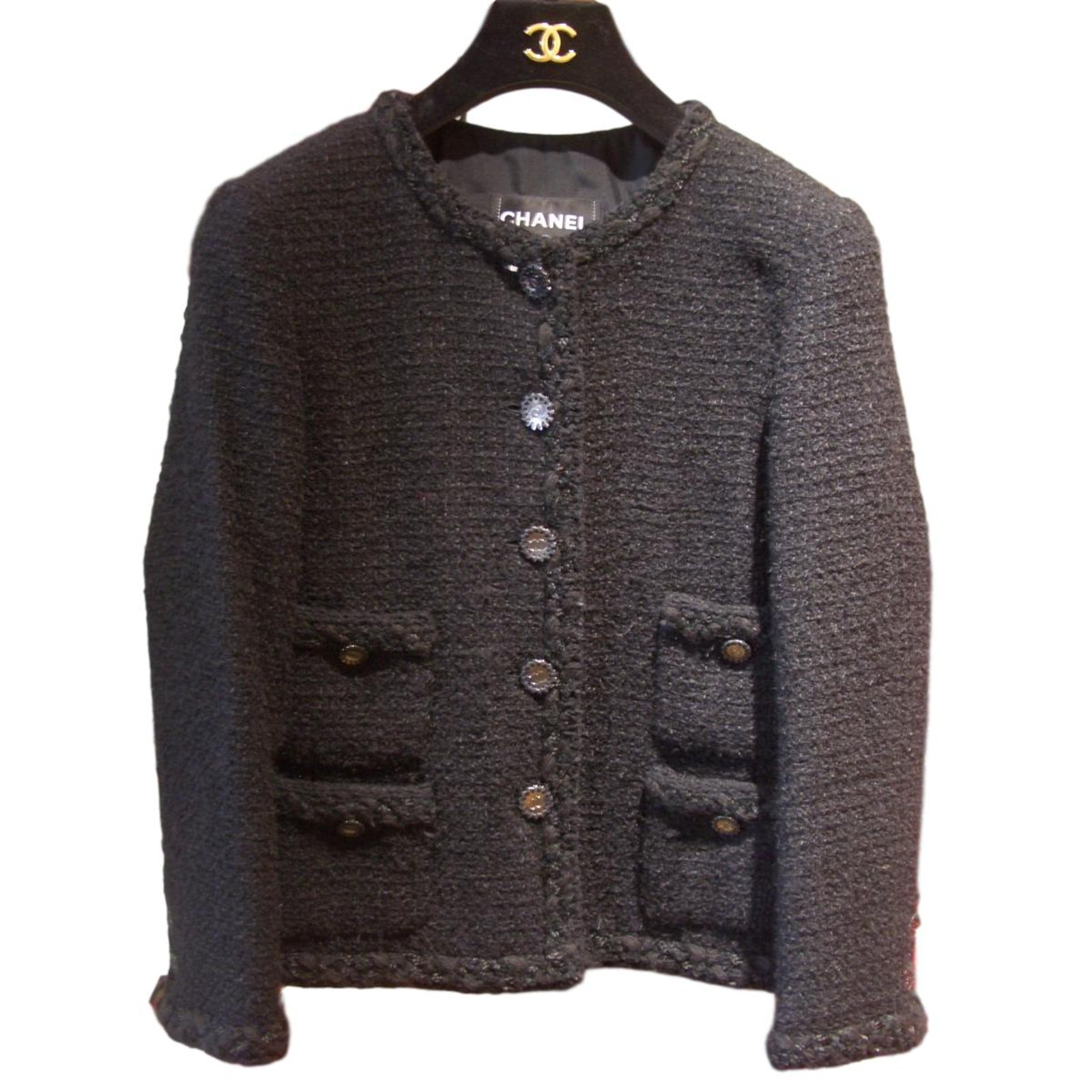 CHANEL 99A #38 CC Longs Sleeve Jacket Black 100% Wool 15910