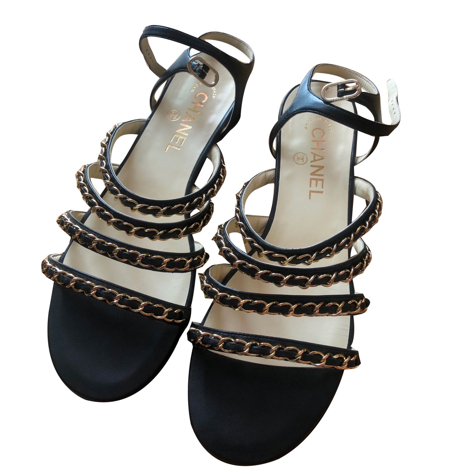 CHANEL, Shoes, Chanel Black Leather Dad Sandals Double C Gold Chain Flats  Slides Open Toe Shoes