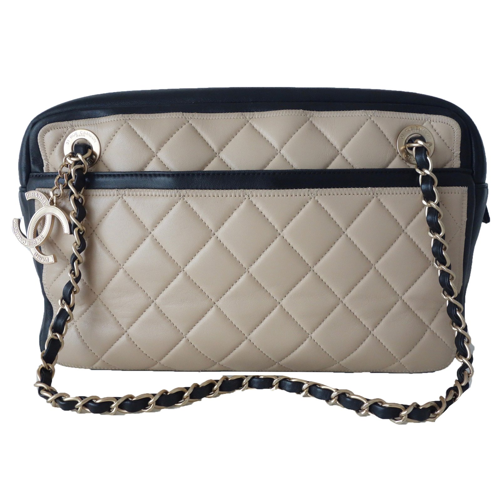 Chanel Camera Bag Handbags Leather Black Beige Ref 68695 Joli Closet Chanel Camera Bag Handbags Leather Black Beige Ref 68695