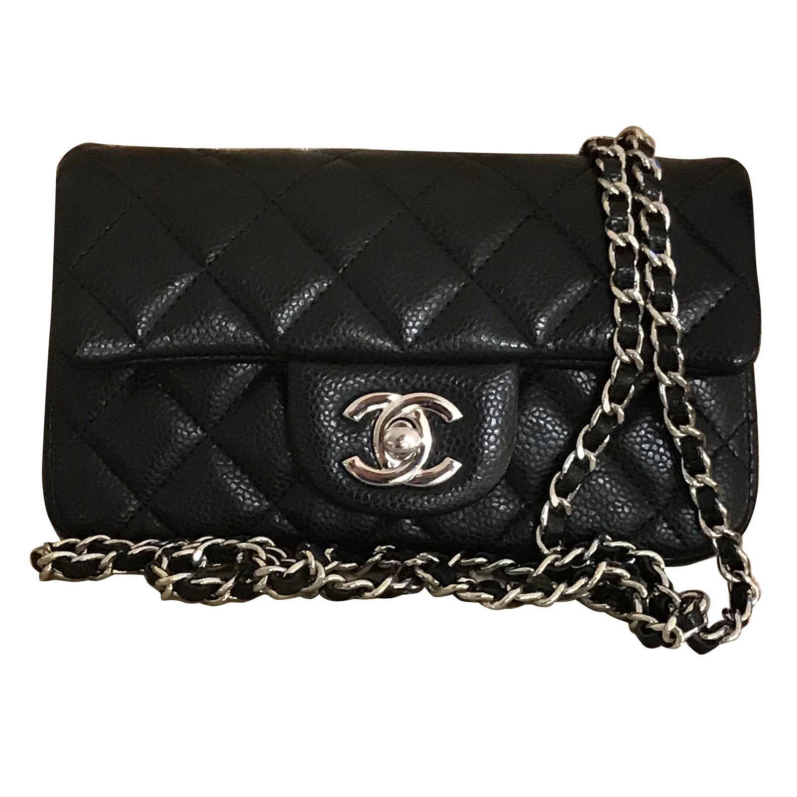 extra mini classic flap bag in black caviar leather with silver hw