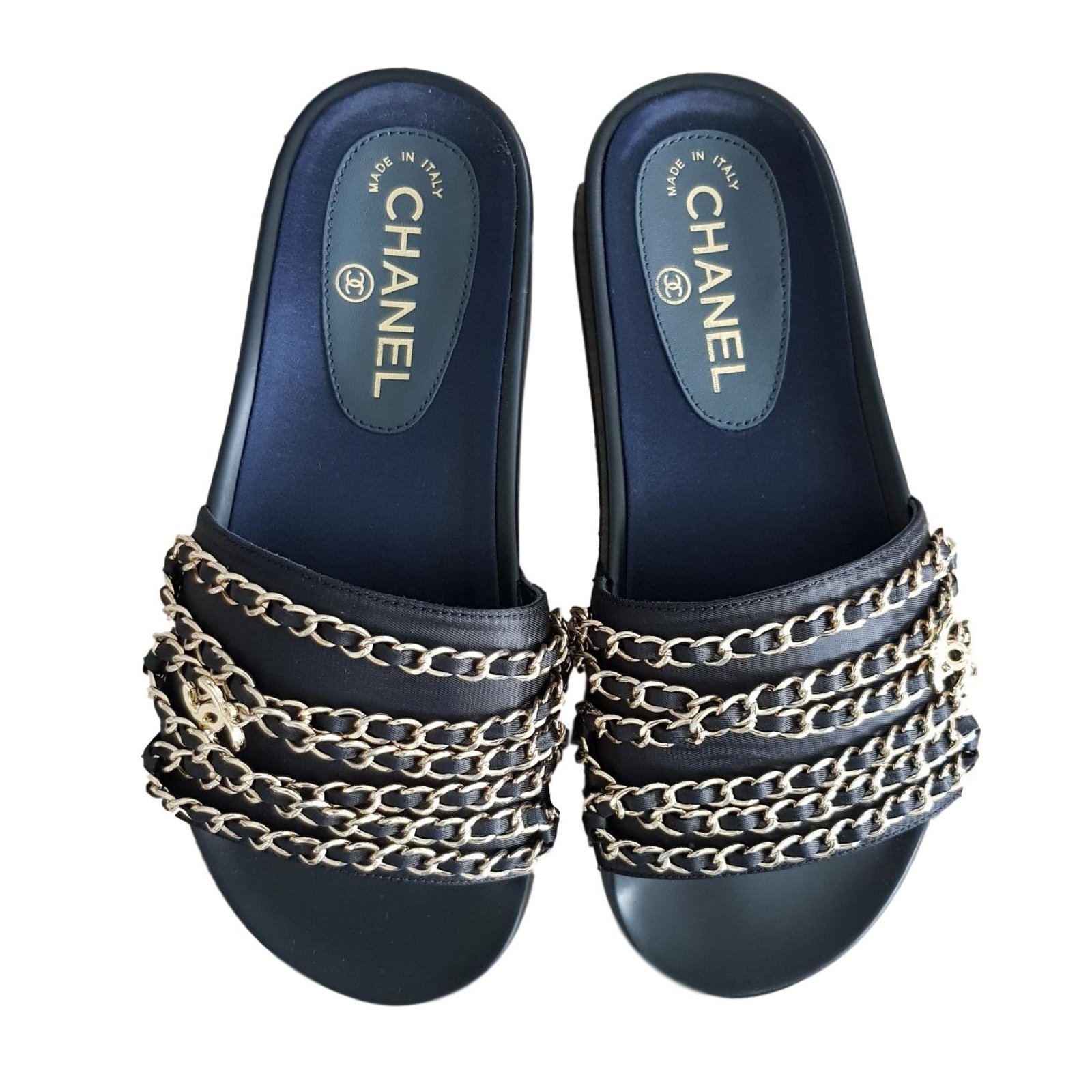 Chanel CHANEL Black Satin Chain Slides sandals EU37 Sandals Satin Black