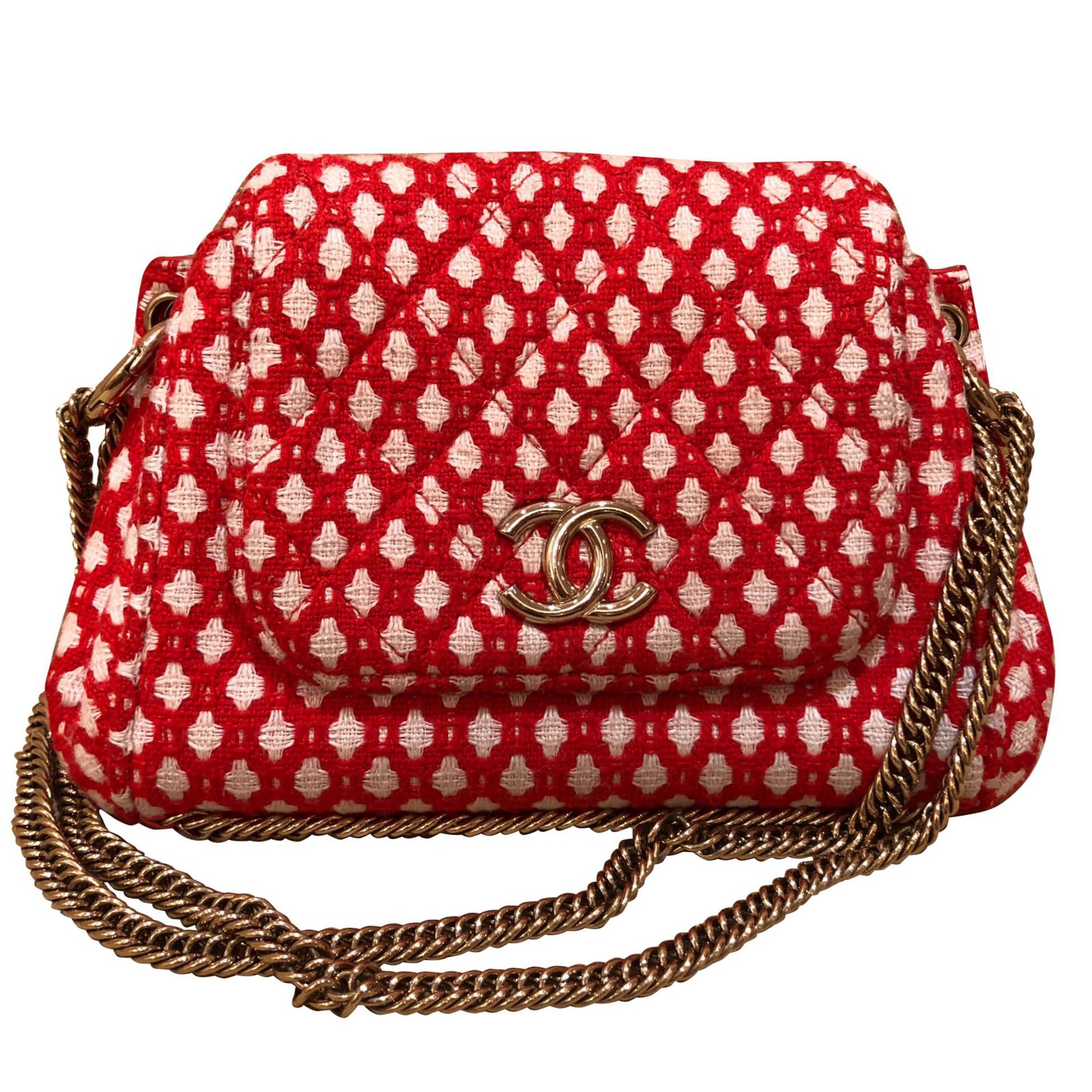 Chanel Tweed Red / White Flap bag Handbags Cotton White,Red ref.73200 - Joli Closet