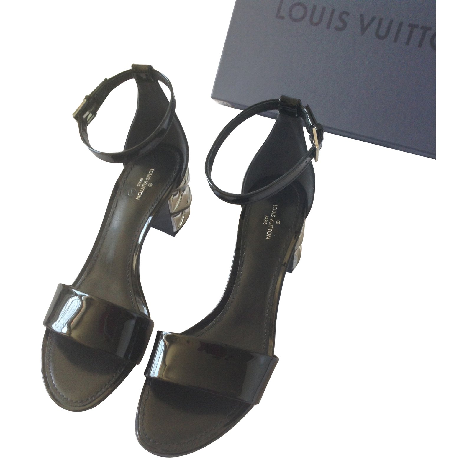 Louis Vuitton Black Patent Silver Block Heel Ankle Strap Sandals