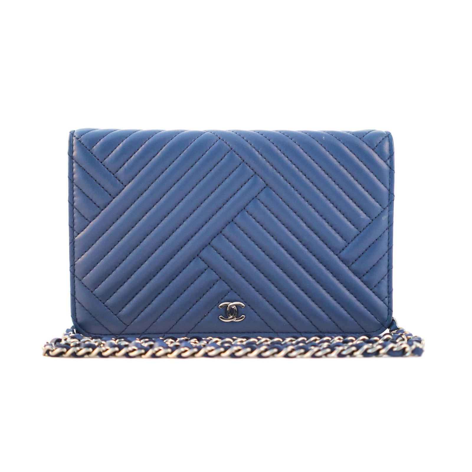 Wallet On Chain Chanel woc chevron Blue Leather ref.78282 - Joli Closet