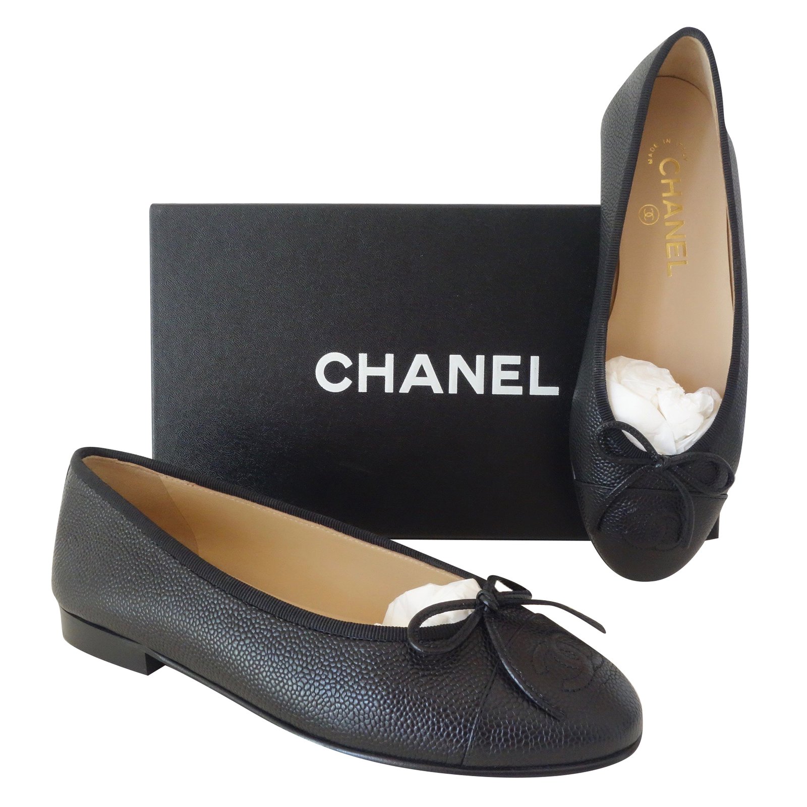 CHANEL LEATHER BALLERINA (grained calf) taille 38 / NEW & NEVER
