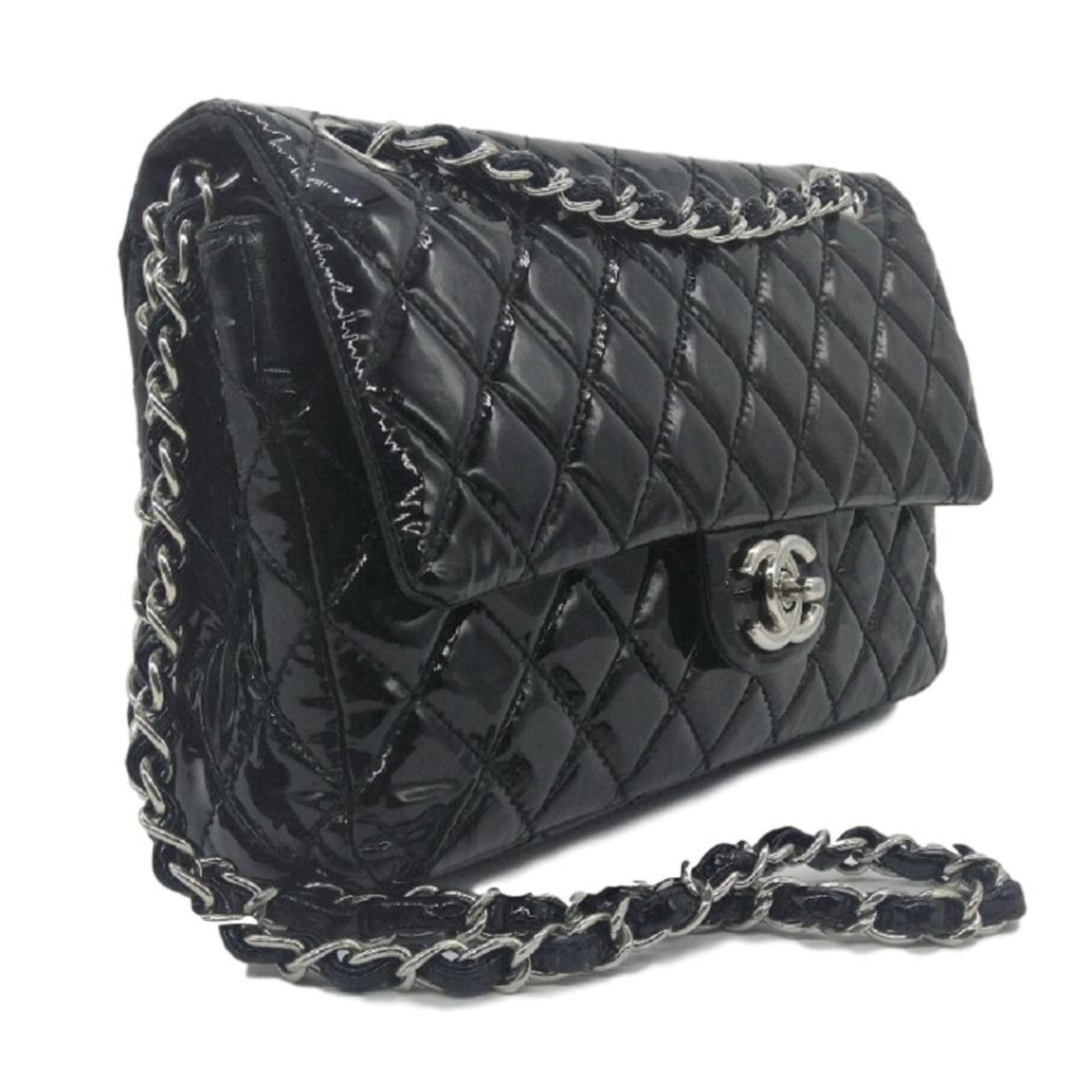 black patent leather chanel handbag white