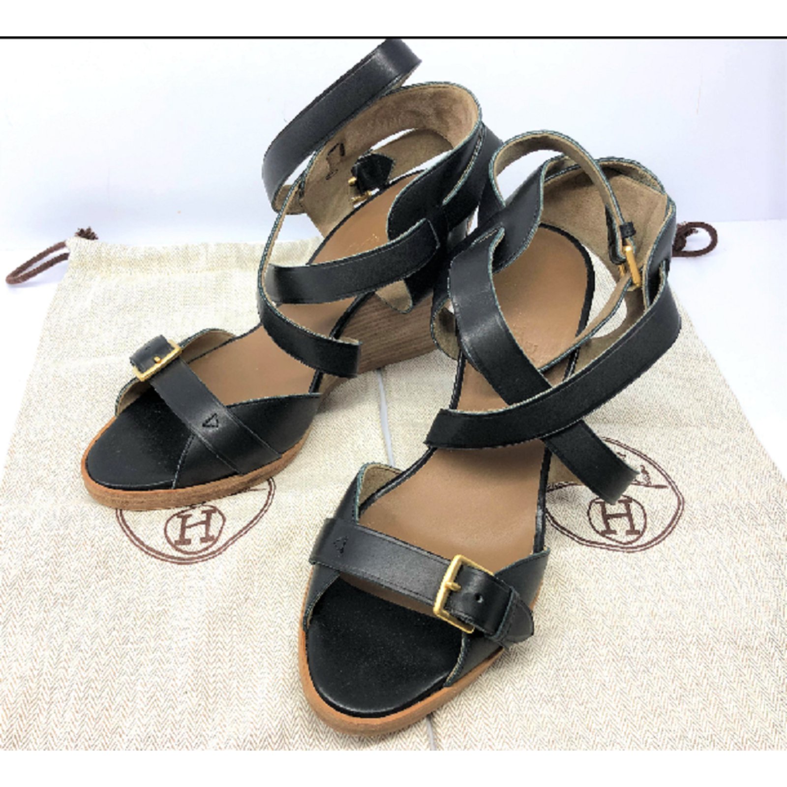 Black Hermes Leather Strappy Wedge Sandals