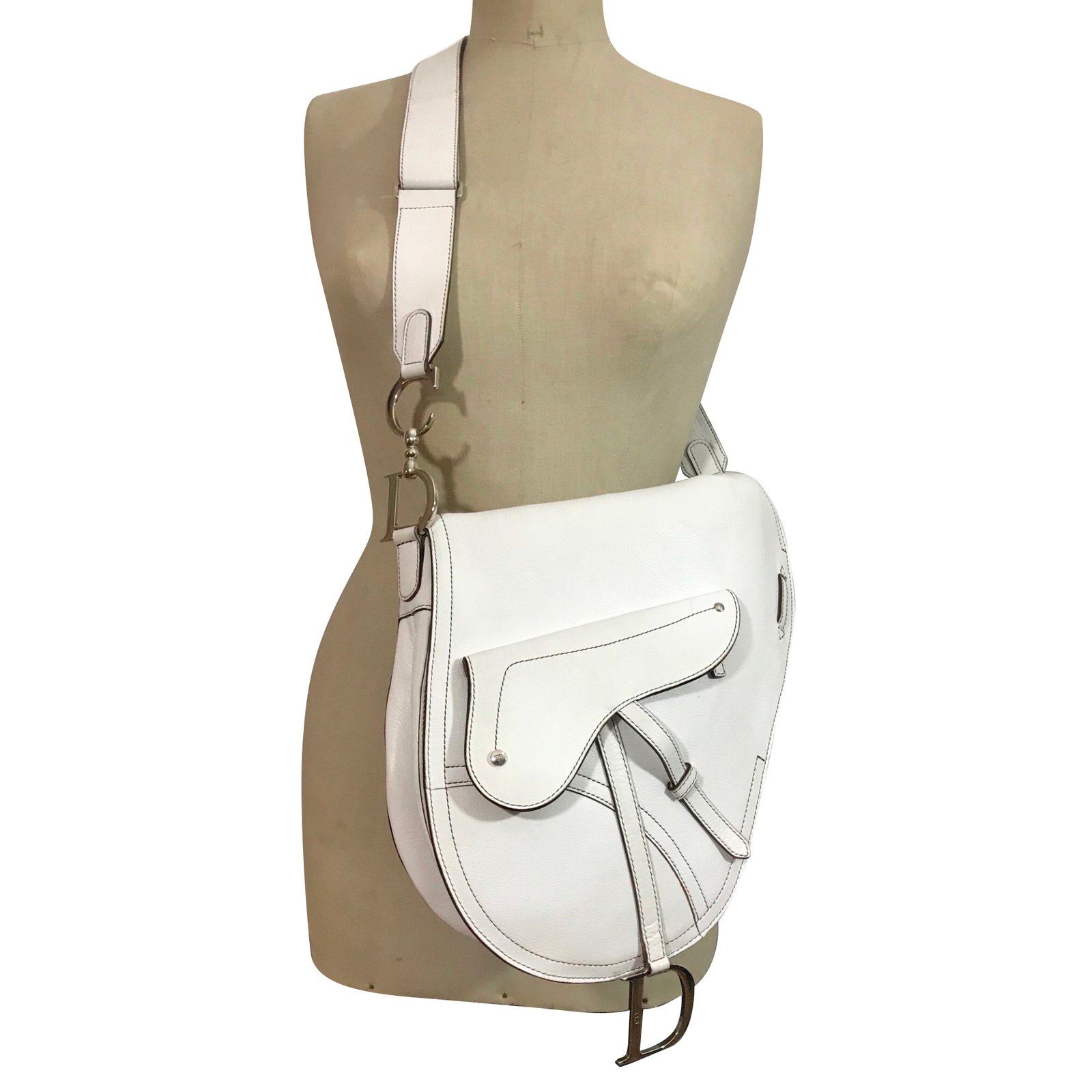 christian dior white leather saddle bag