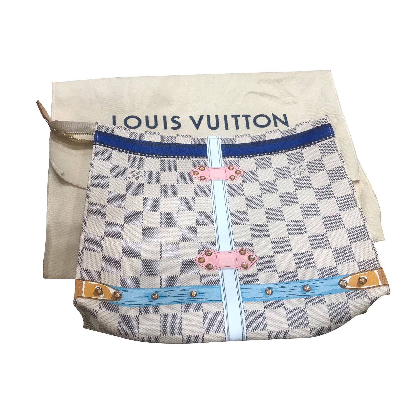 Pochettes Louis Vuitton Edition limitée St Barth Cuir Blanc,Bleu clair ref.88288 - Joli Closet