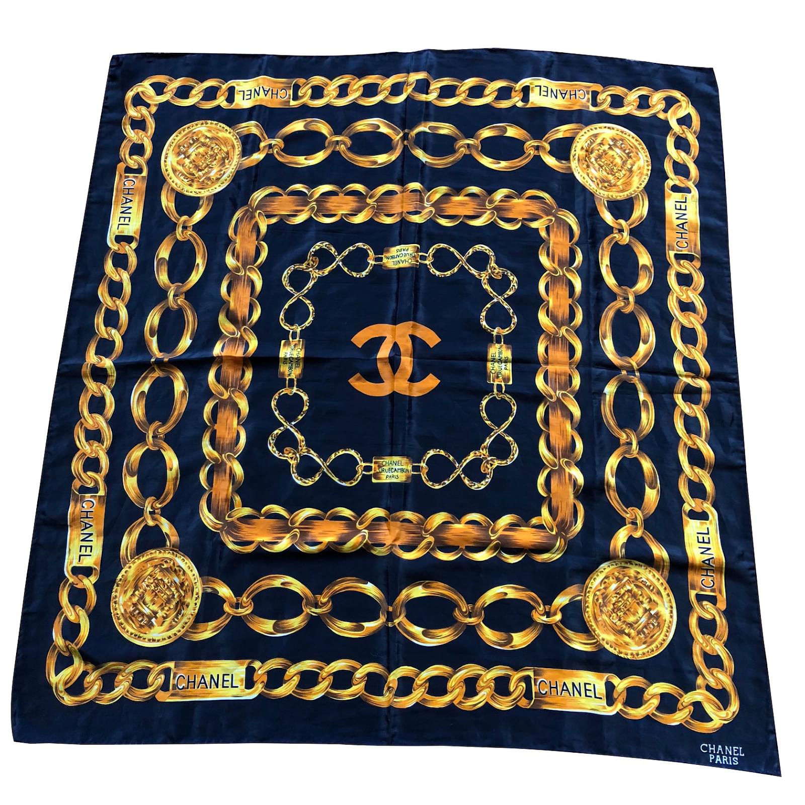 Chanel Scarves Golden Navy blue Silk ref.88891 - Joli Closet
