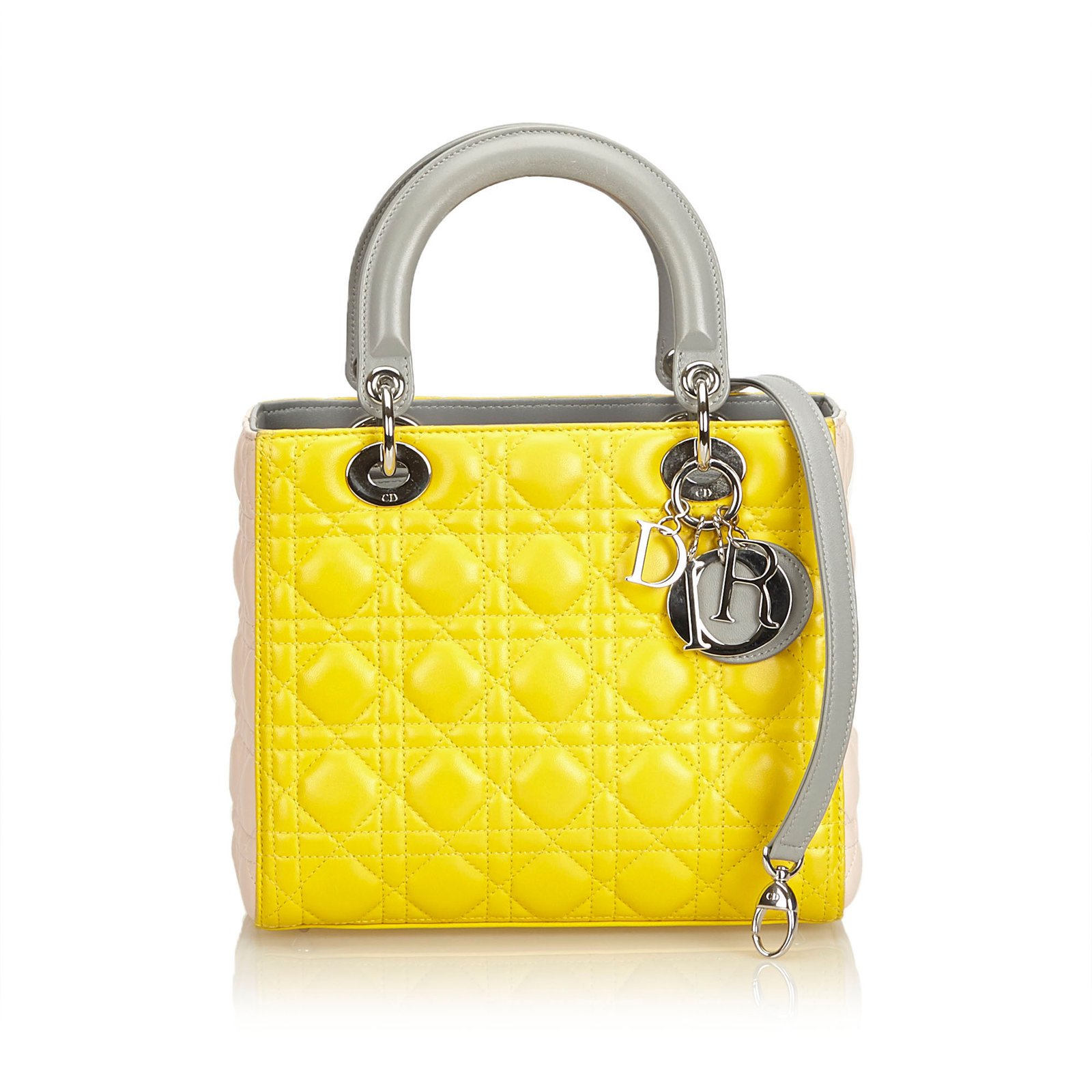 Medium Cannage Tri-Color Lady Dior Grey Yellow Leather ref.89237 - Joli ...