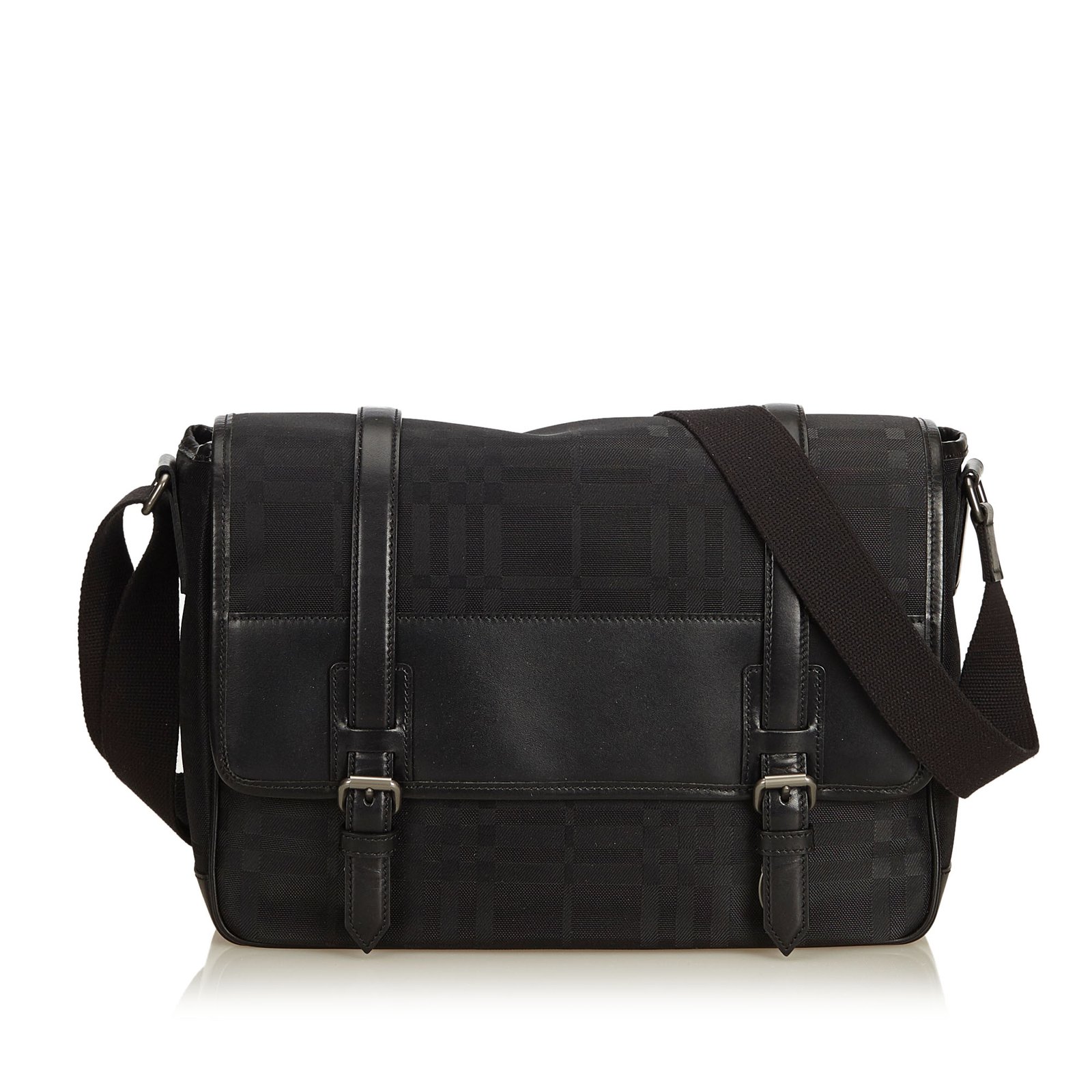 Burberry Plaid Nylon Messenger Bag Black Leather Cloth  - Joli  Closet