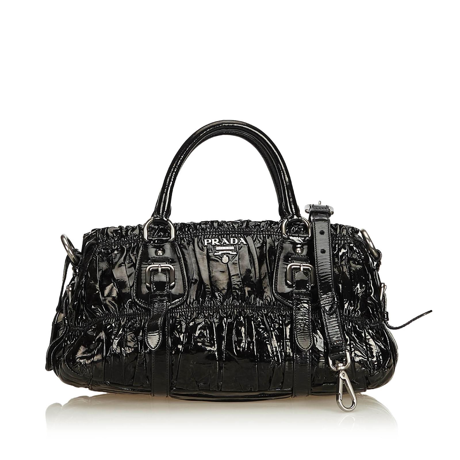 Prada Vernice Waffle Satchel Nero Pelle Pelle verniciata