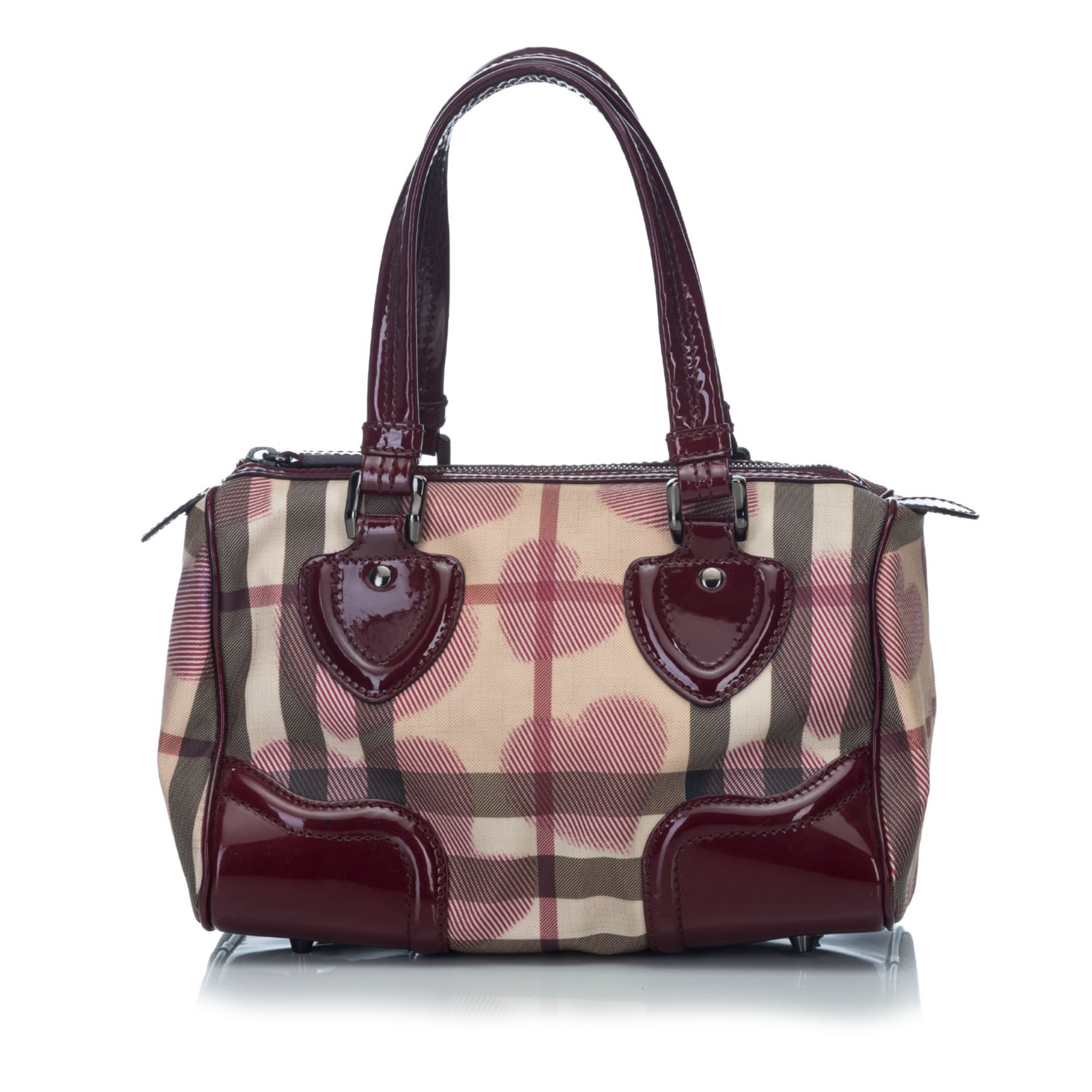 Burberry Heart Print Boston Bag Brown Red Beige Leather Plastic