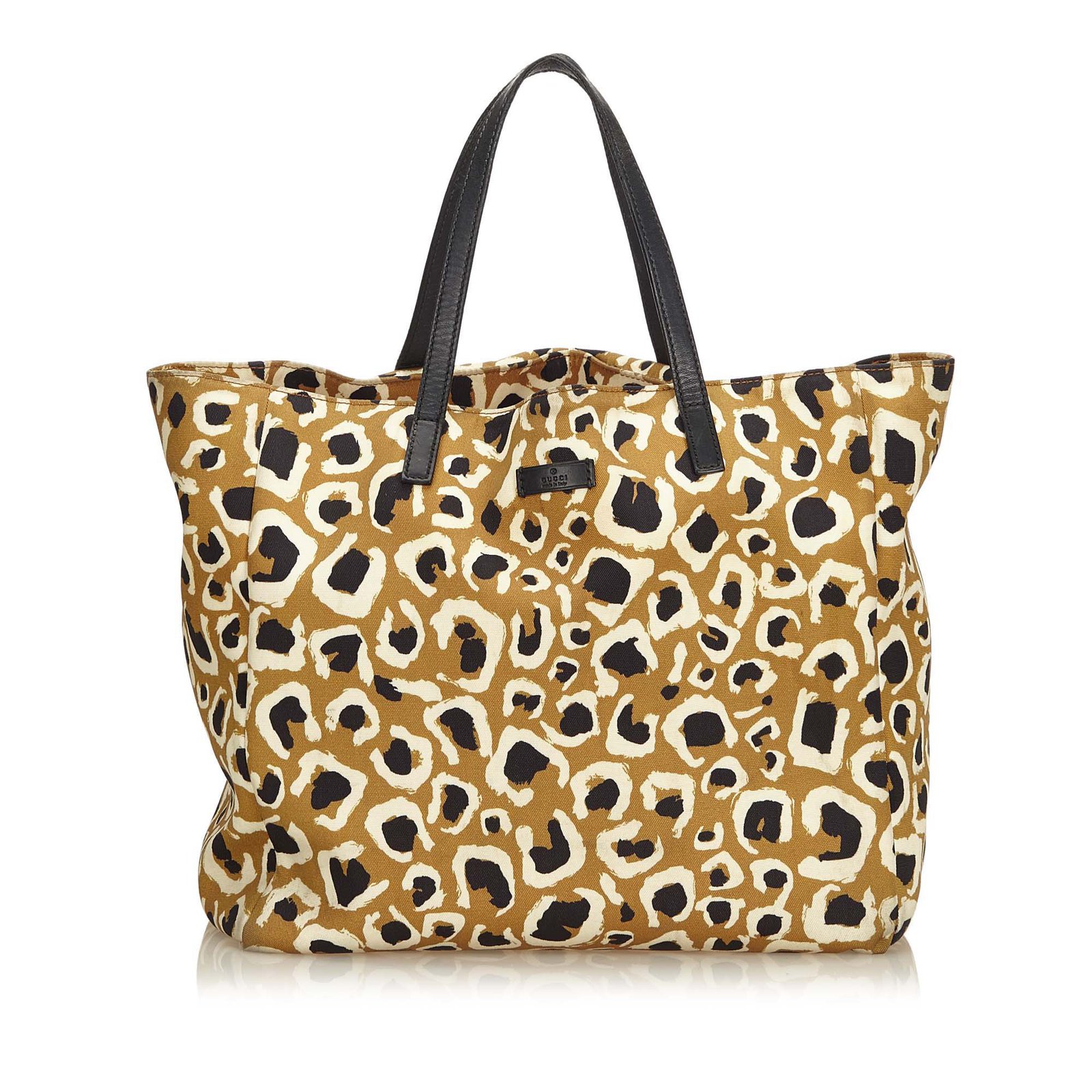 Gucci Leopard Printed Nylon Tote Bag Brown Black Beige Leather Cloth ...