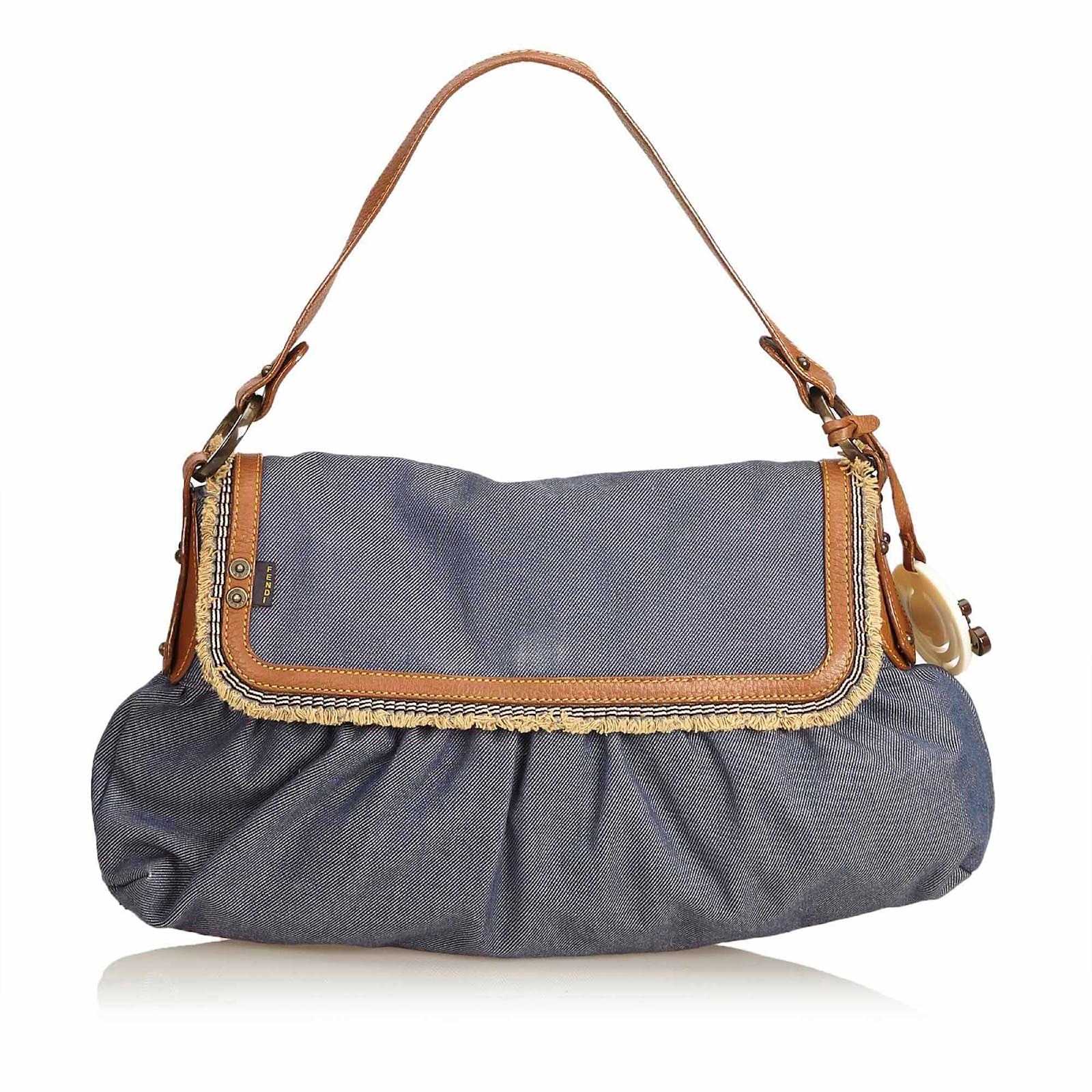 Fendi Denim Chef Baguette Brown Blue Dark brown Navy blue Leather Cloth ref.92712 - Joli Closet