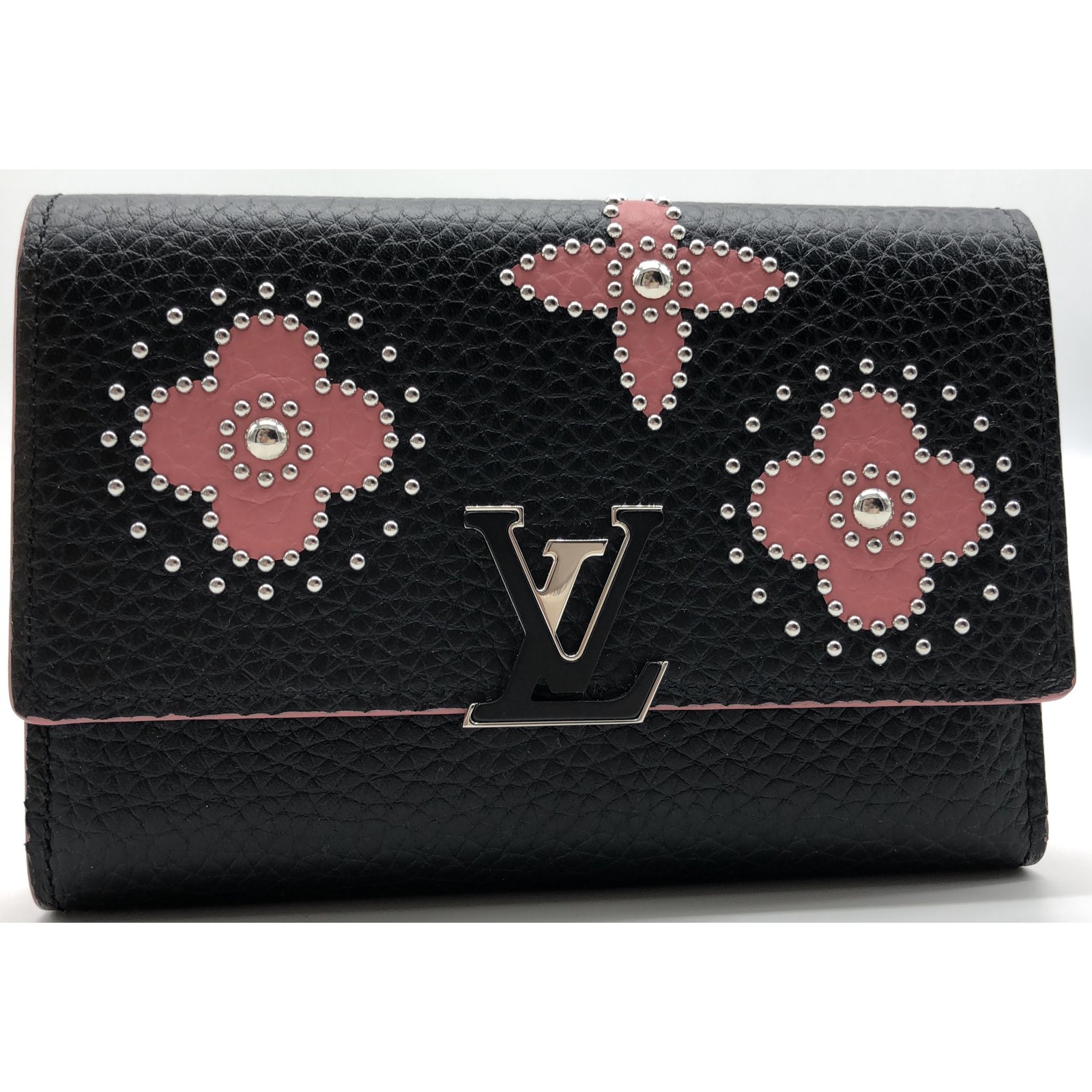Louis Vuitton Capucines wallet in black bull leather and pink
