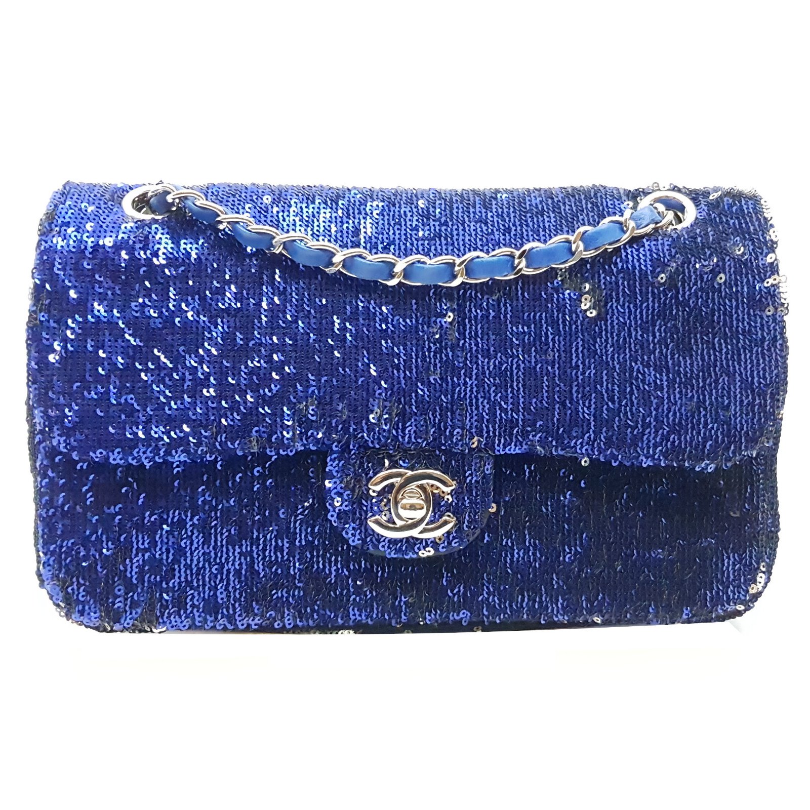 Timeless Chanel Handbag Silvery Blue Navy blue Leather Cloth Satin  ref.98361 - Joli Closet