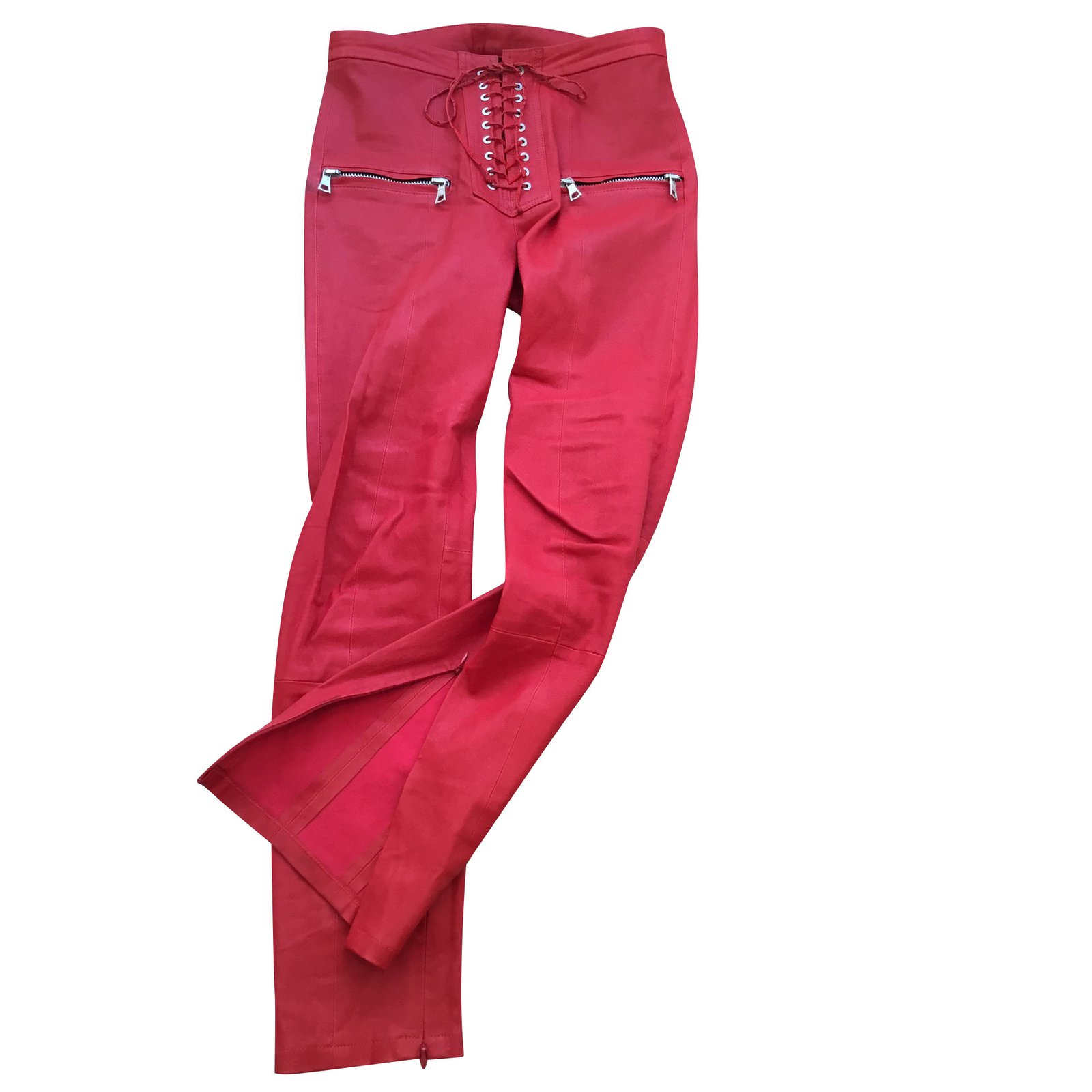 red lace up leather pants