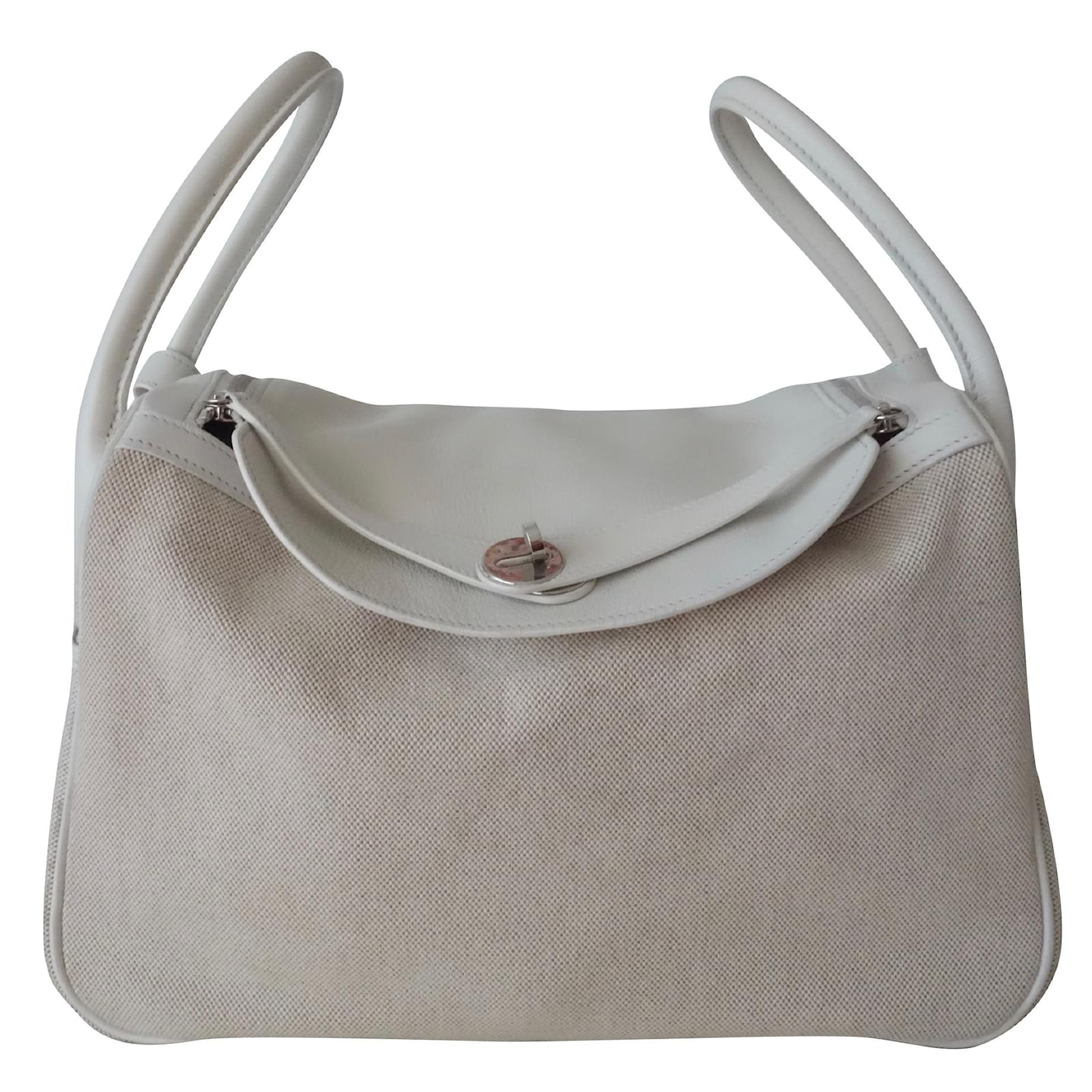 Hermès Borsa Lindy Hermes Bianco Beige Pelle Tela ref.101371 - Joli Closet