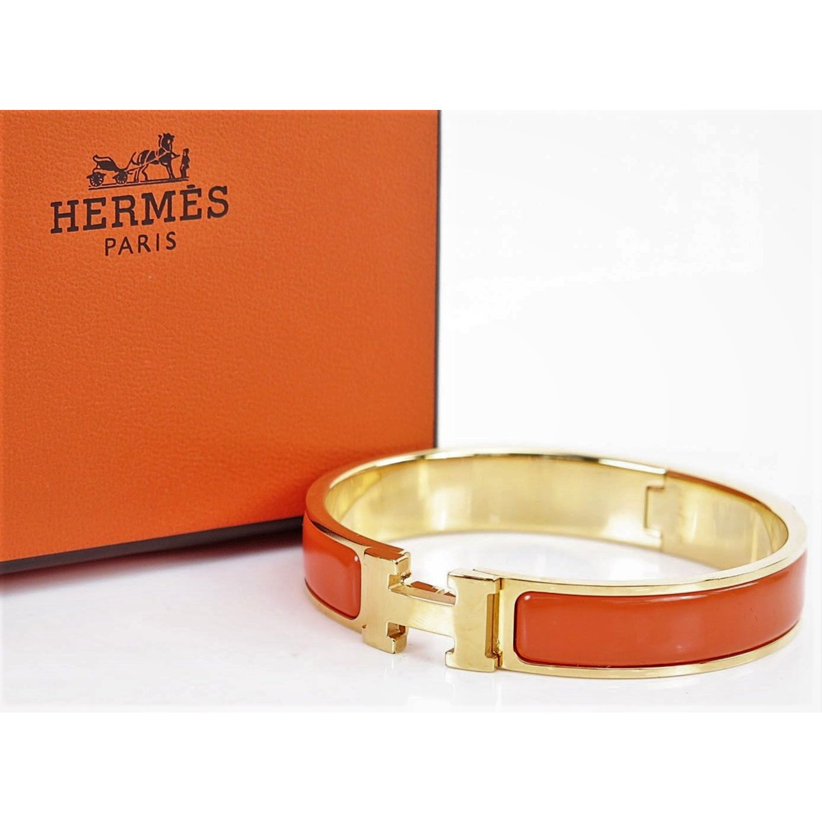 Hermès Click Clack H Gold Plated Bracelet and Orange Enamel Gold-plated
