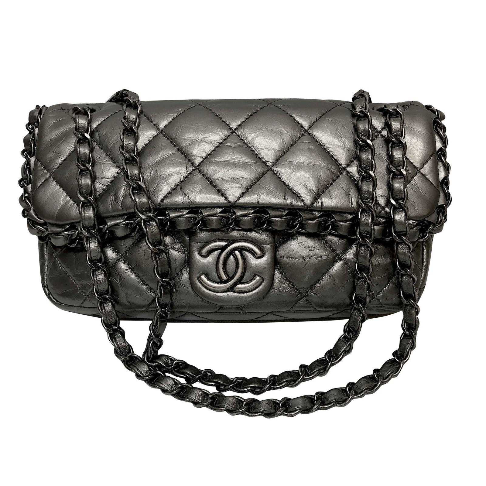 Chanel Medium Flap Bag Metallic Dark grey Leather ref.105519 - Joli Closet