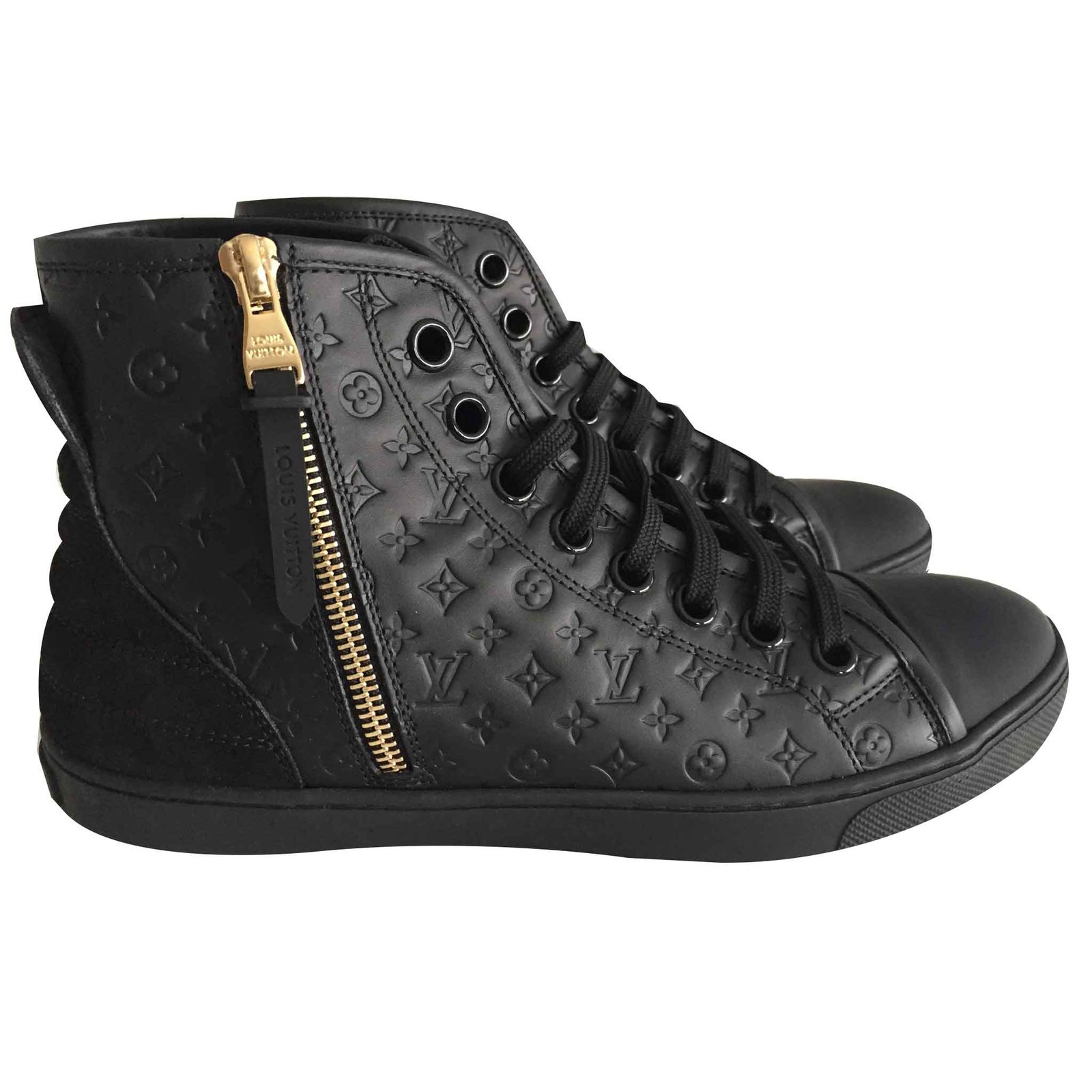 Louis Vuitton Black Leather Punchy Monogram High Top Sneakers