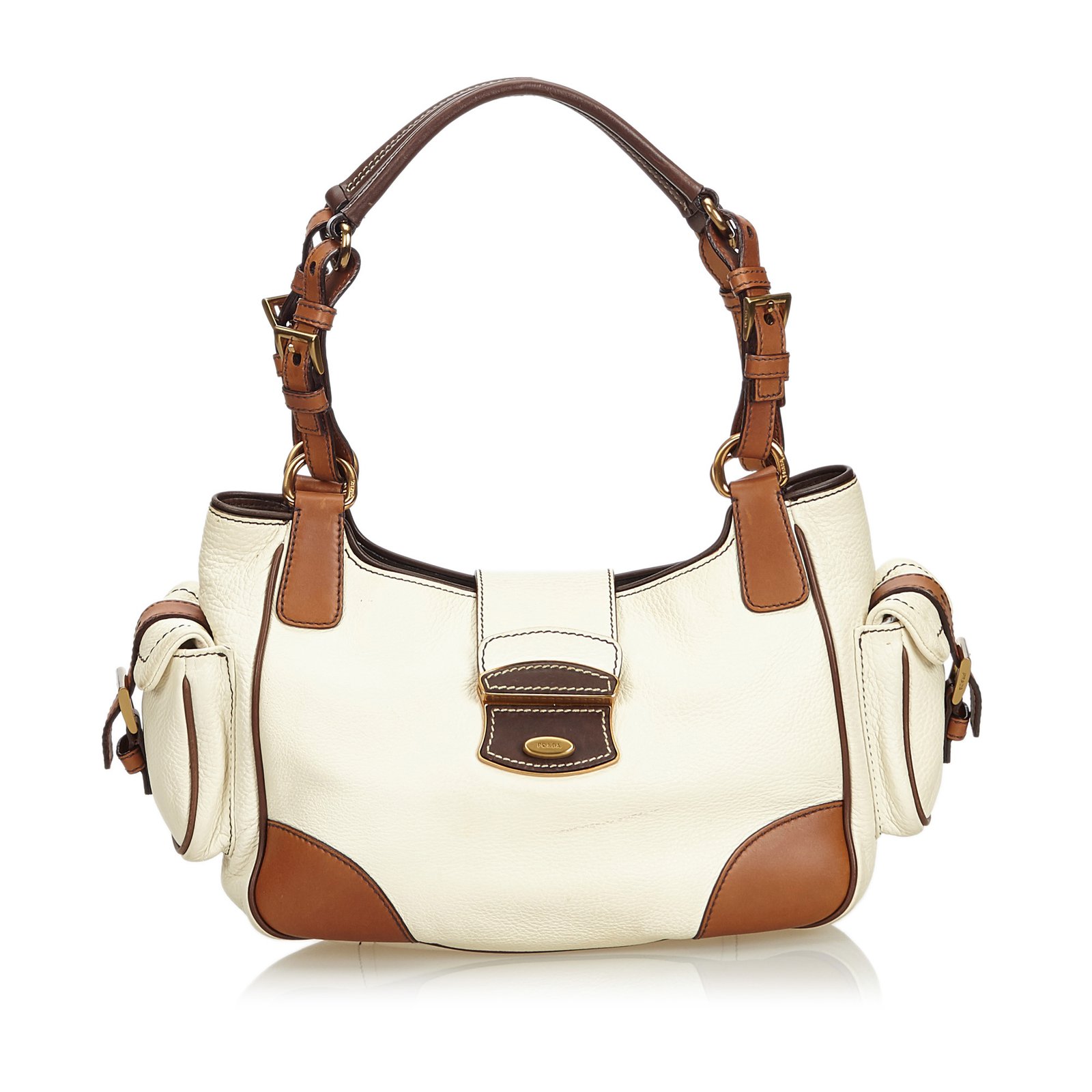 Prada Leather Shoulder Bag Brown White Cream  - Joli Closet