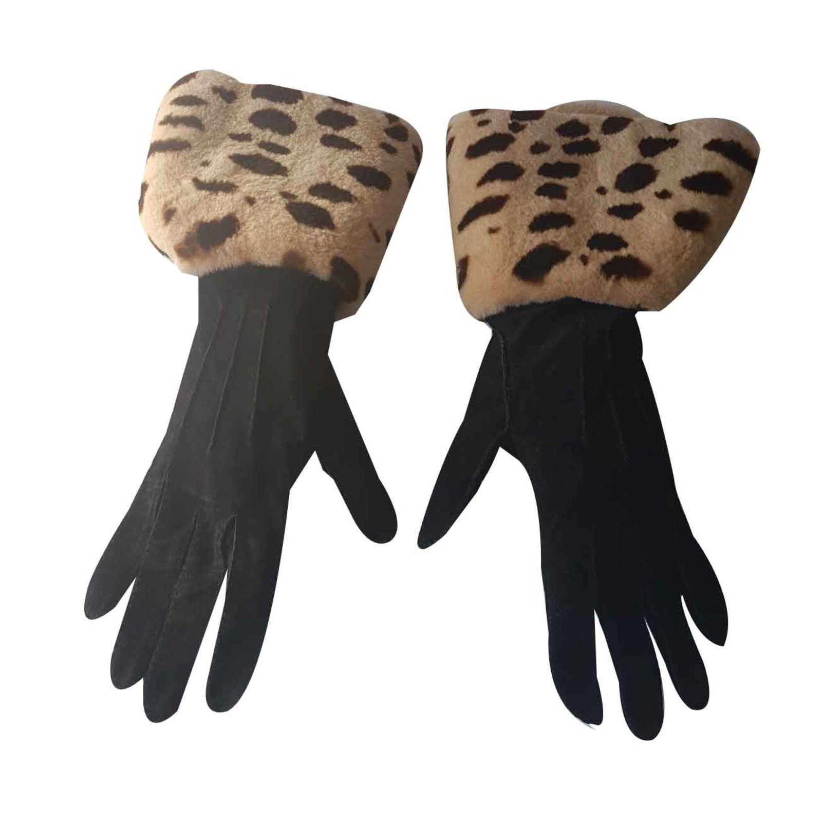 Chanel Gloves Black Leopard print Leather Fur  - Joli Closet