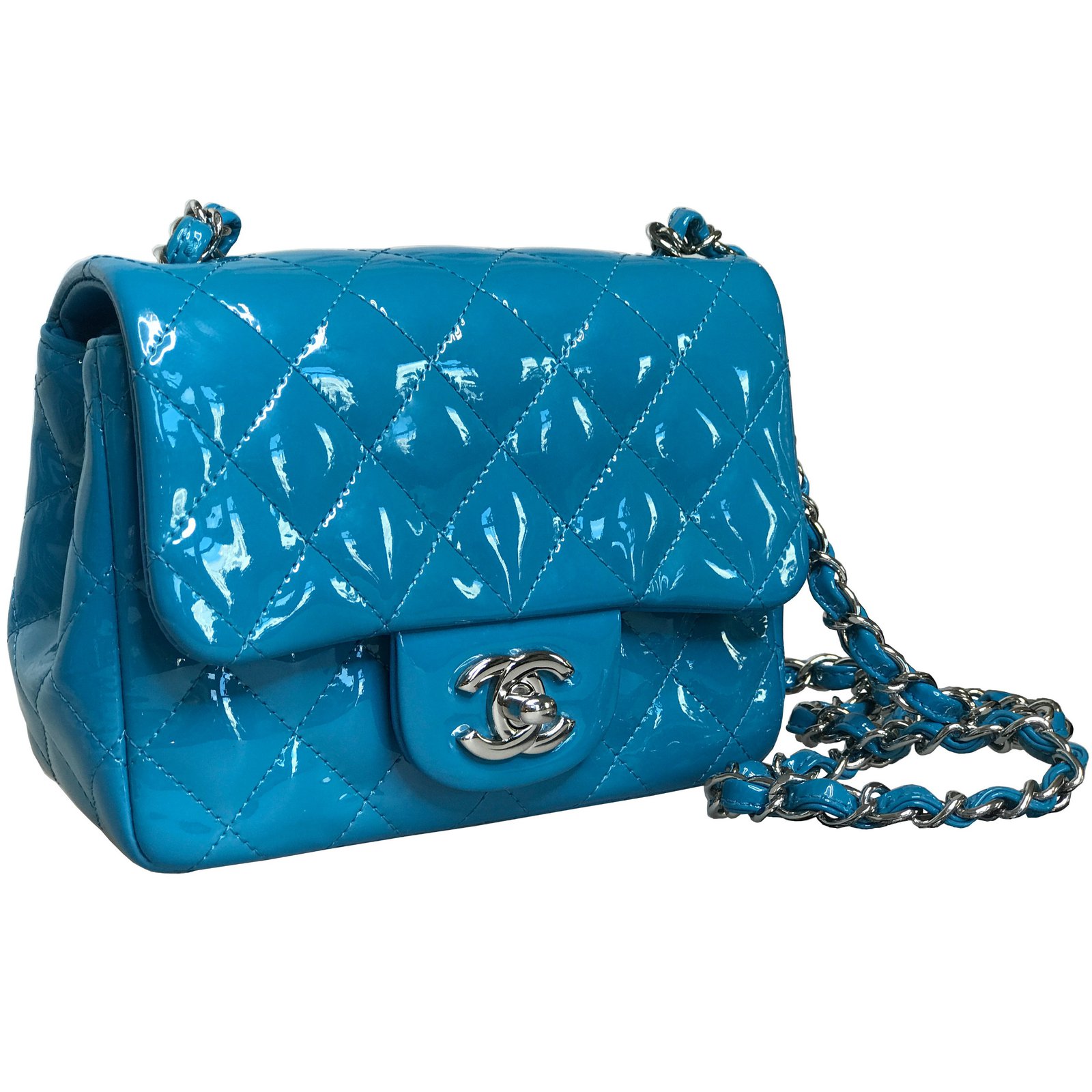 Chanel with card! timeless classic mini flap Blue Light blue Turquoise  Leather Patent leather ref.111205 - Joli Closet