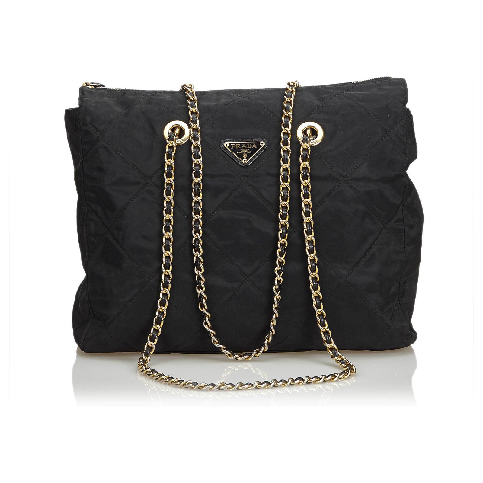 Prada Nylon Chain Tote Bag Black Cloth  - Joli Closet