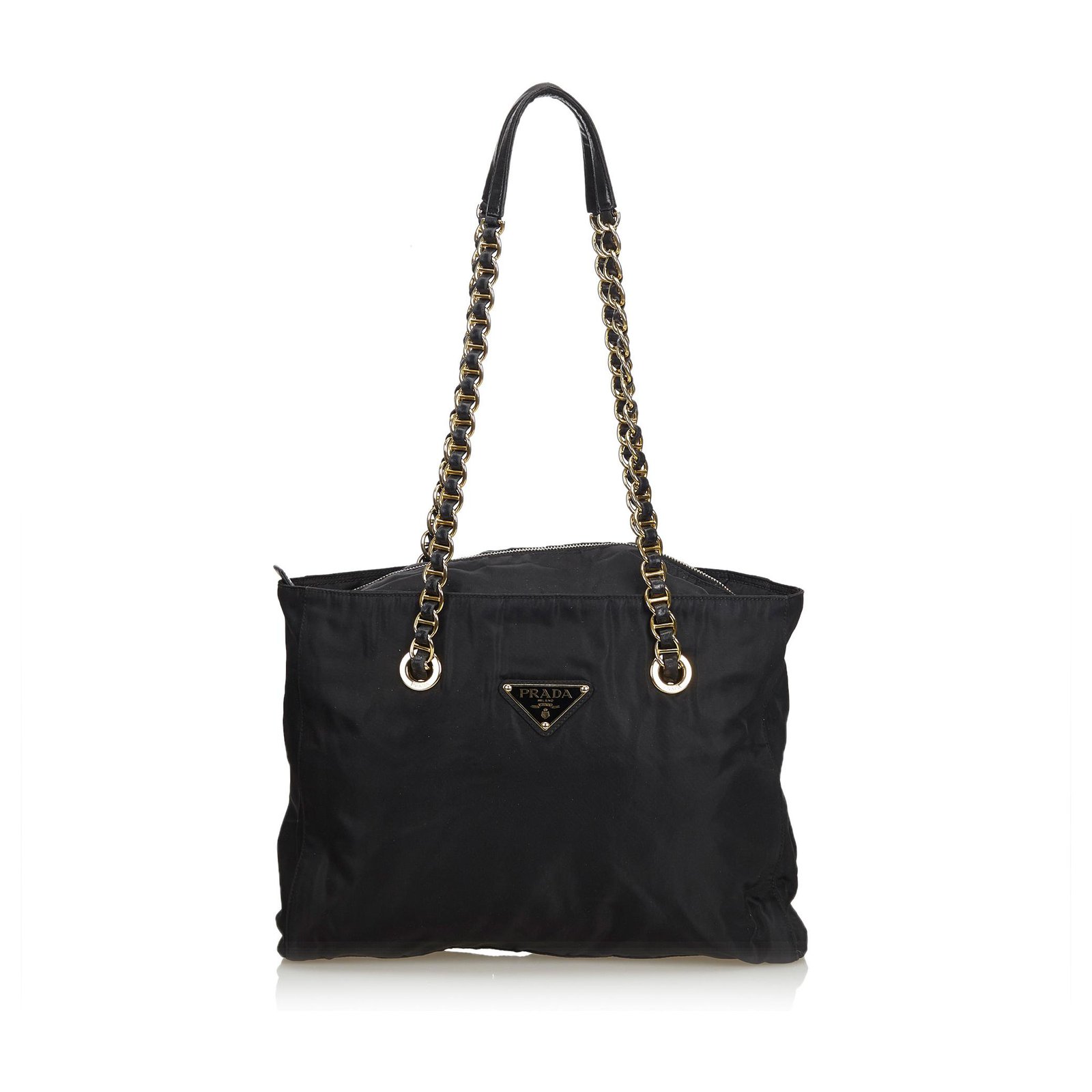 PRADA Nylon Tote Bag With Leather Chain Strap Gold Hardware 