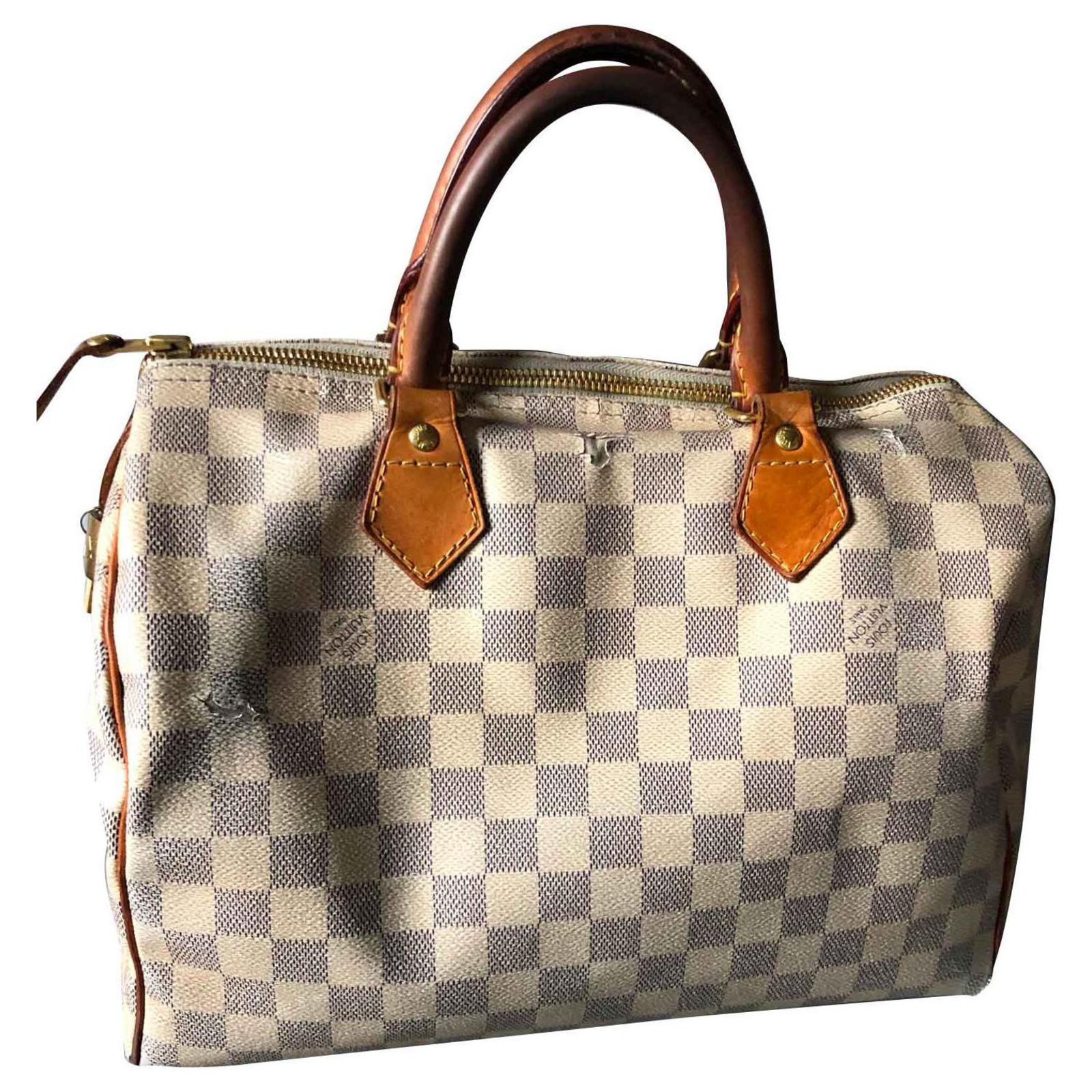 Louis Vuitton Speedy 30 checkerboard Handbags Leather,Cloth Eggshell ref.117190 - Joli Closet