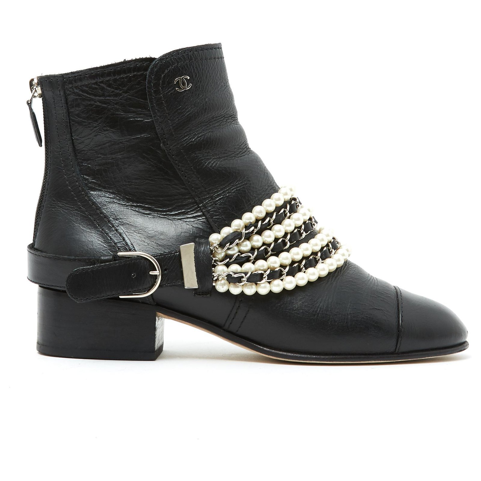 Chanel BLACK PEARLS CHAINS FR39 Ankle 