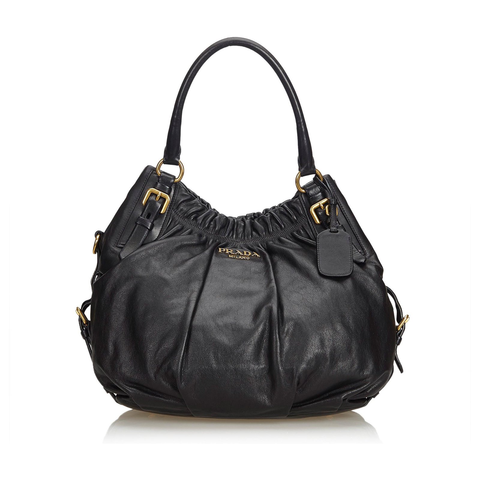 Prada Vintage Hobo Black Leather Shoulder Bag Snap Closure Very