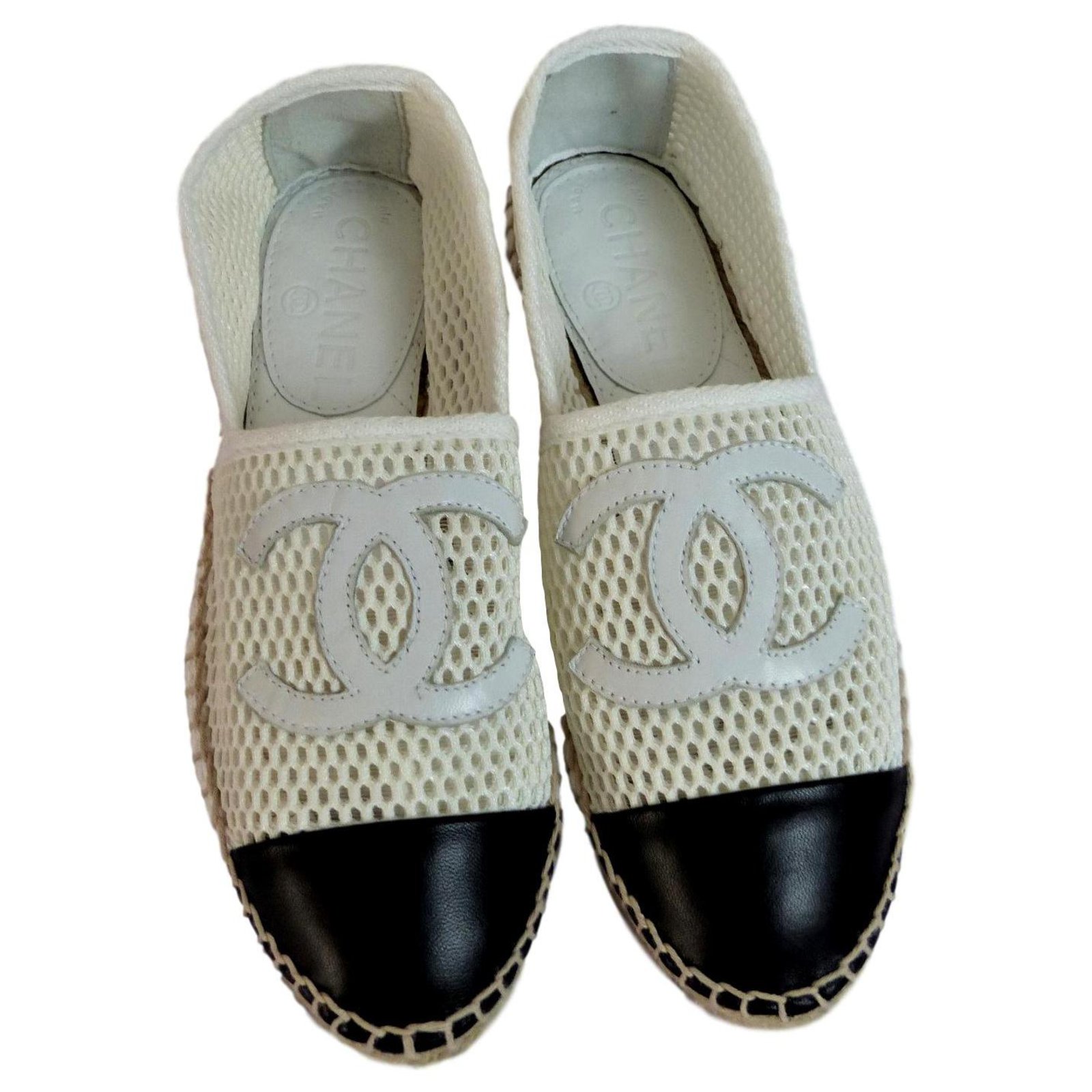 CHANEL Espadrilles COCO Mark Leather Shoes 36 Black X White Auth