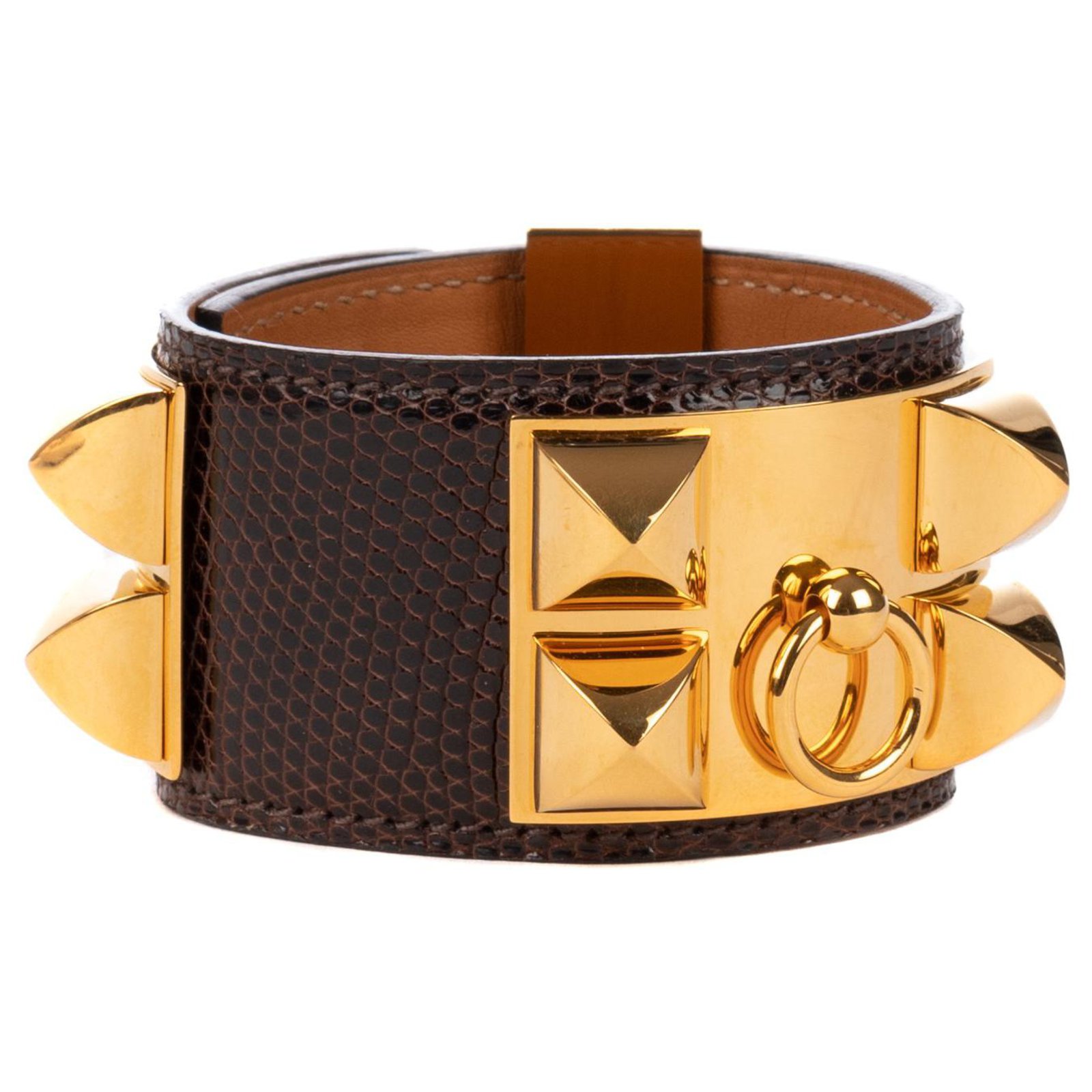 Hermès bracelet Dog collar in ebony lizard leather, gold jewelery, new  condition! Exotic leather ref.121213 - Joli Closet