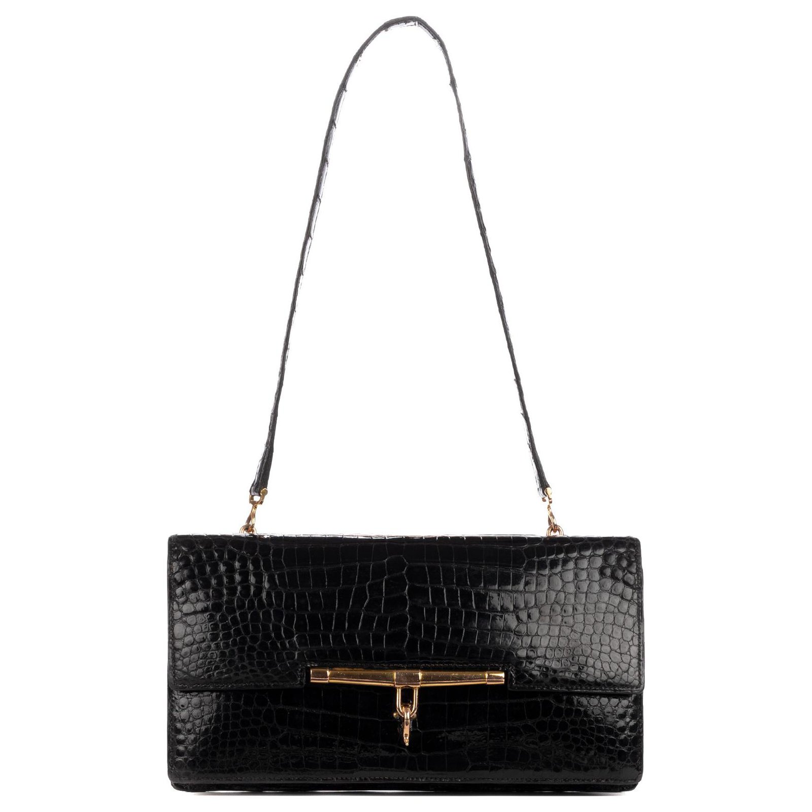 Bolso Hermès "Palonnier" en cocodrilo negro, Hardware oro en muy estado! exoticos ref.121220 - Joli Closet