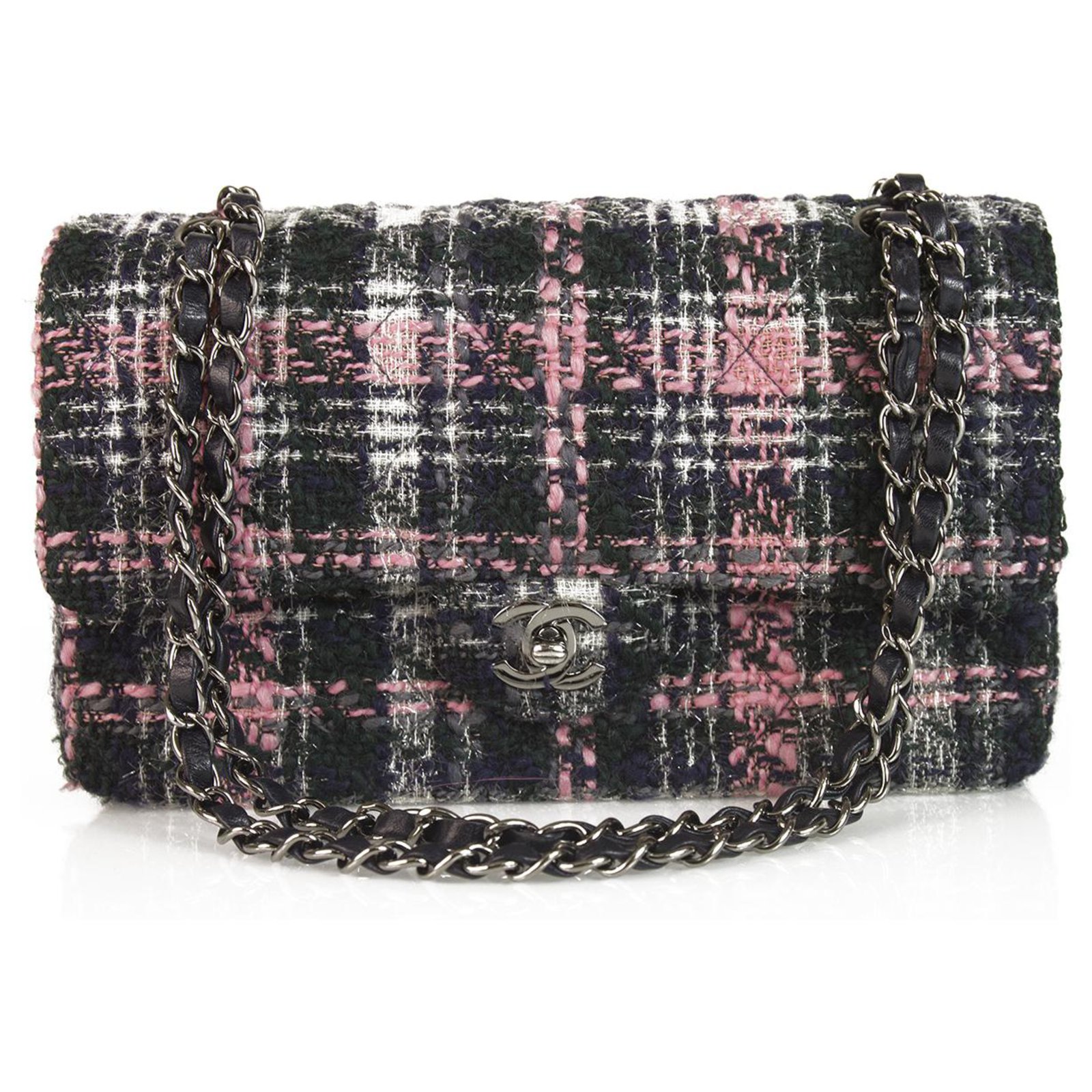 Chanel classic 255 Tweed Grey Cream Pink lined Flap Bag Medium Shoulder  handbag