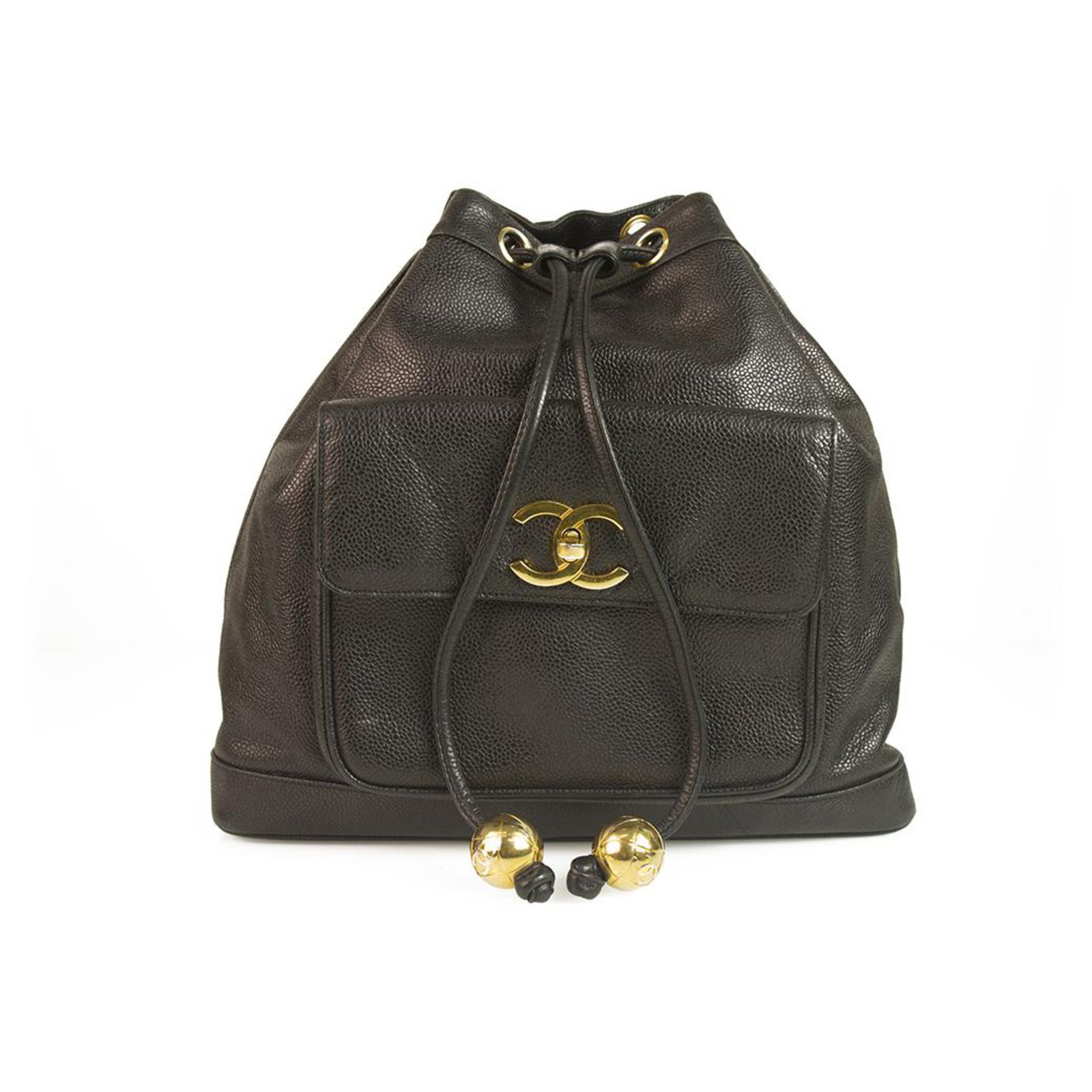 Chanel CC Black Caviar Leather Large Vintage Drawstring Backpack
