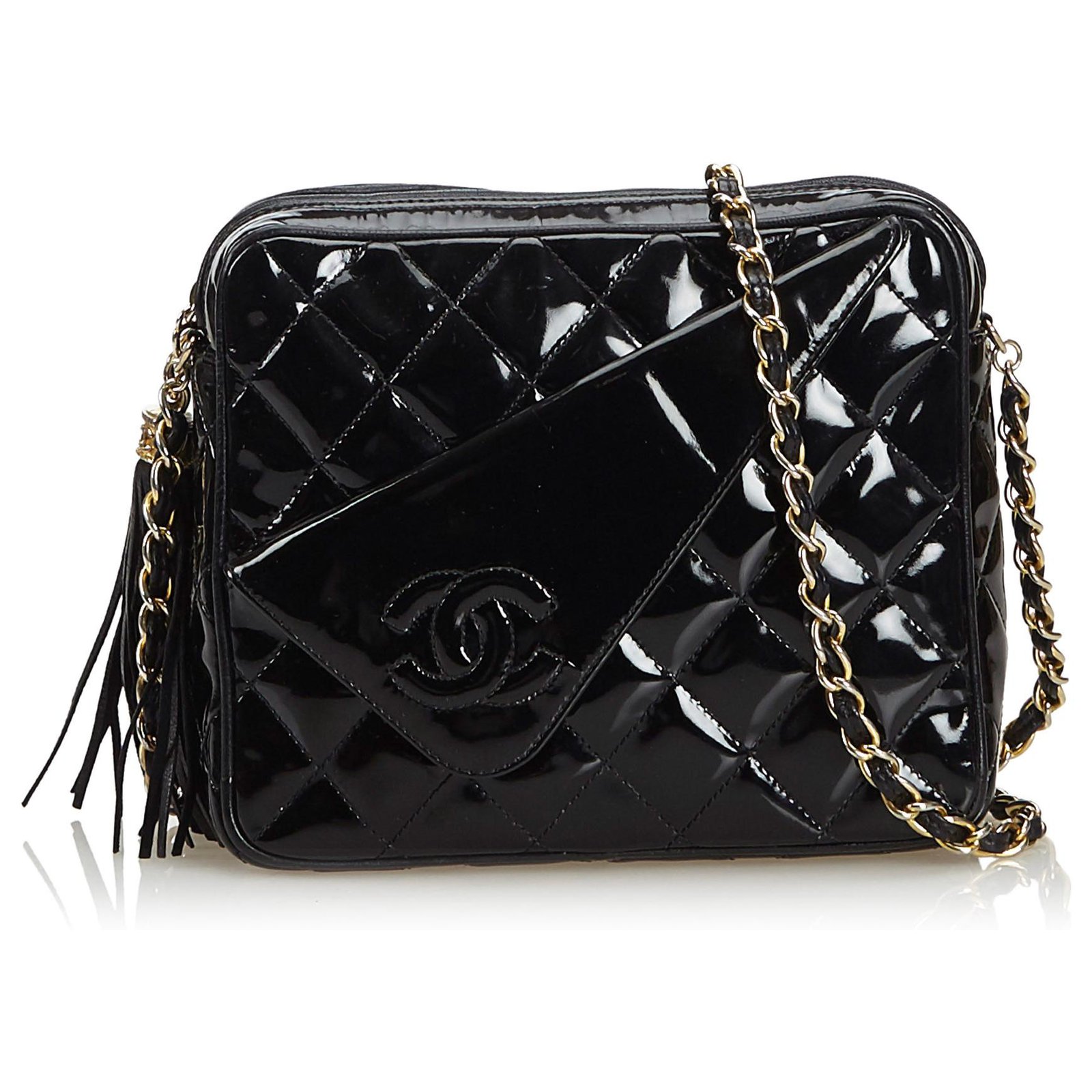 Chanel Black Patent Leather Quilted Chain Camera Bag