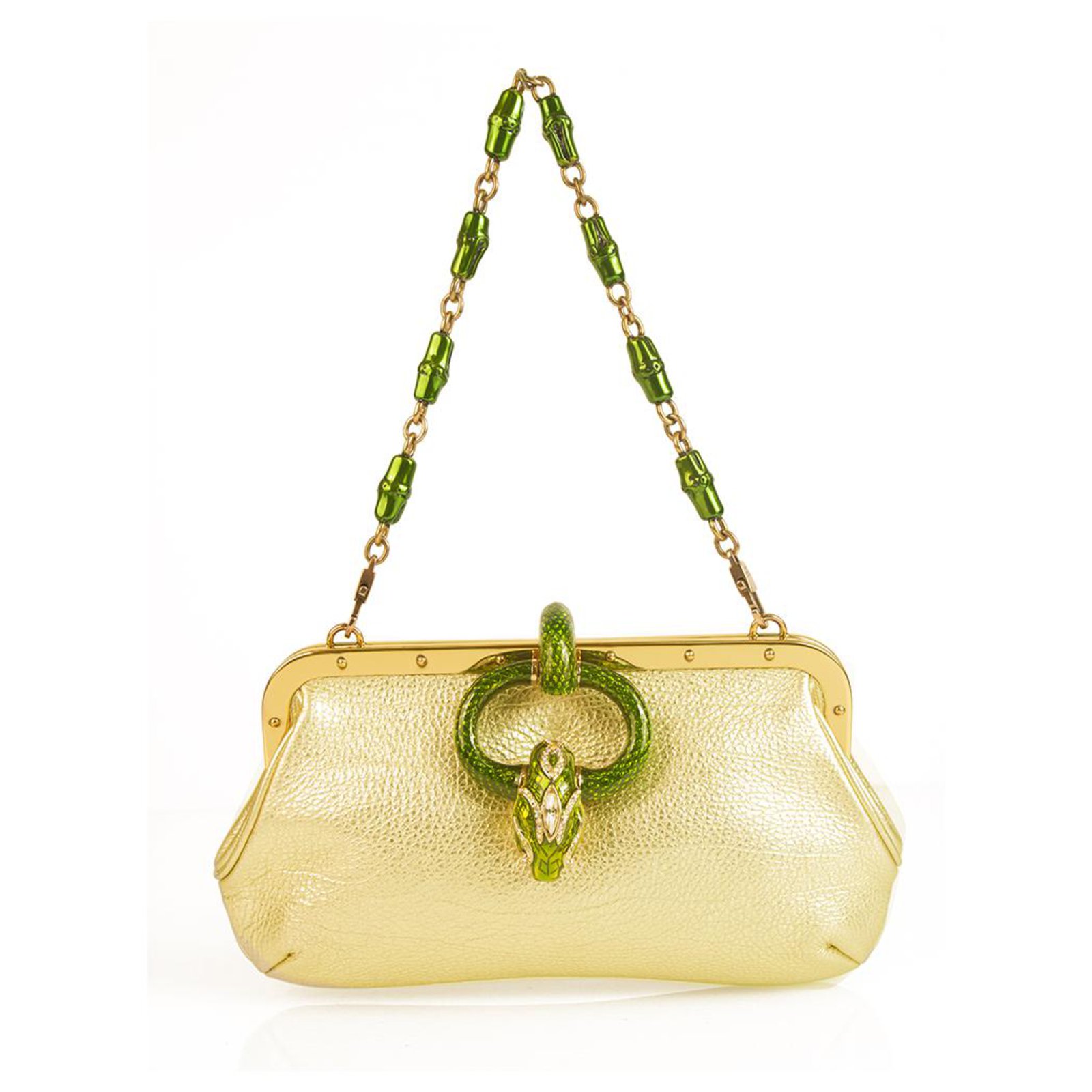 Gucci Tom Ford Gold Leather Green Enamel Snake Handbag S/S 2004 bamboo ...