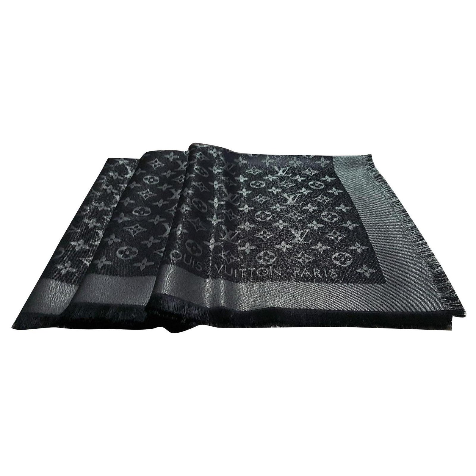Louis Vuitton logomania shine scarf Black Silvery Silk Polyester