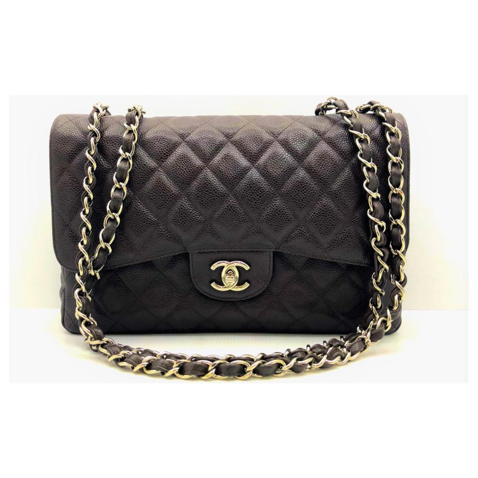 Timeless Chanel Dark Brown Caviar Jumbo classic flap Leather ref.124122 -  Joli Closet